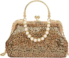 1920s Vintage Evening Clutch Bag Sparkly Sequin Handbag for Women Bridal Wedding Purse Beaded Pearl Shoulder Bag