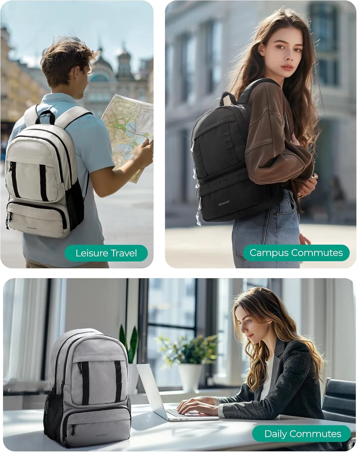 BAGSMART Laptop Backpack, College Backpack with 15.6" Laptop Sleeve, Ergonomic Travel Bookbag Daypack with Lightweight Multi-Compartment, Computer Backpacks for Men Women, Beige