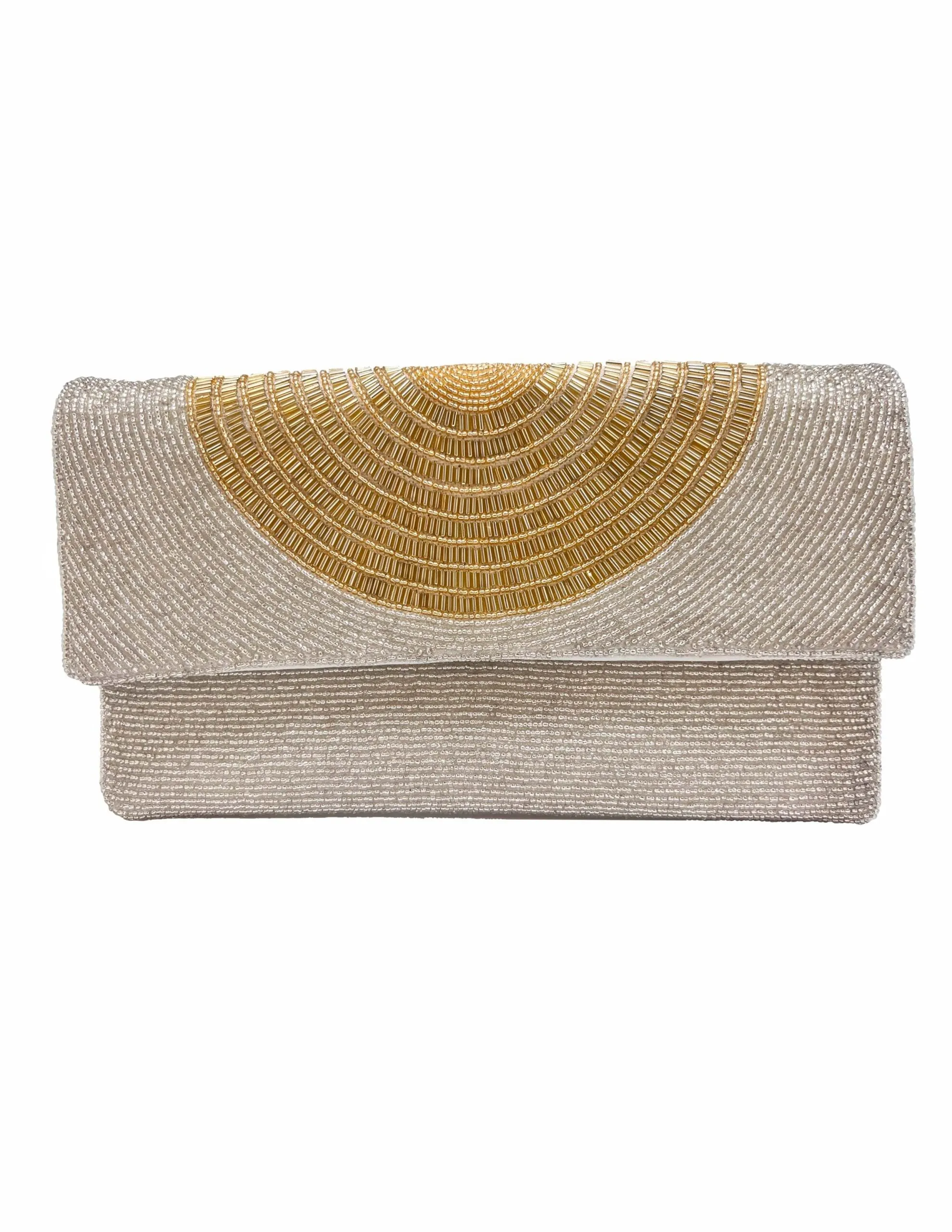 BEADED SILVER WITH GOLD HALF MOON CLUTCH