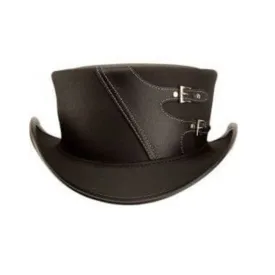 Black Corset Buckle Style Leather Top Hat