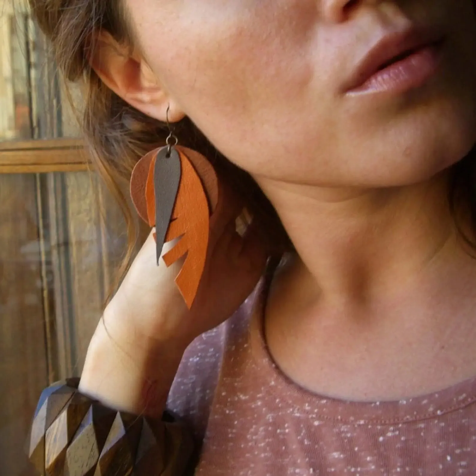 Boho Leather Leaf Statement Earrings