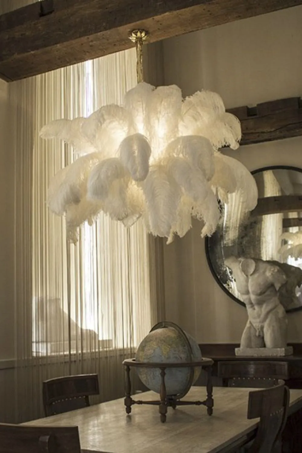 Brass Ostrich Feather Chandeliers