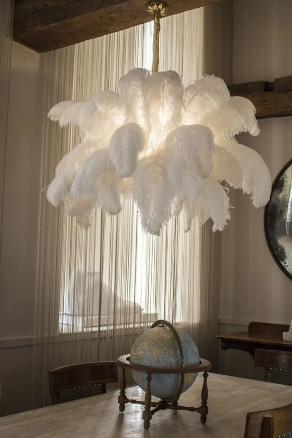 Brass Ostrich Feather Chandeliers