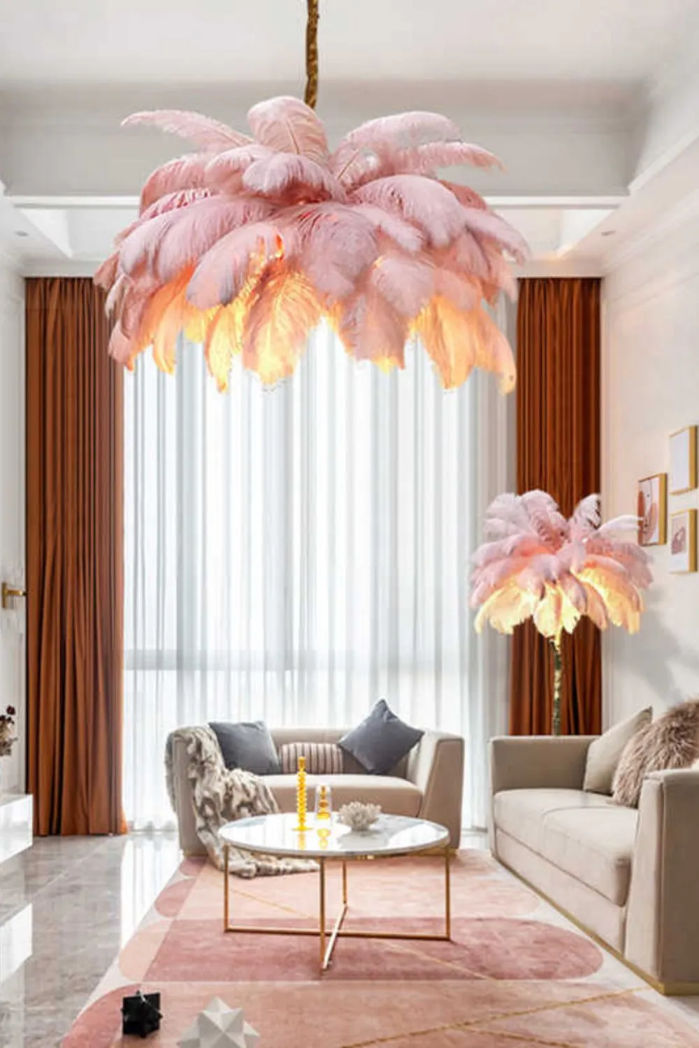 Brass Ostrich Feather Chandeliers