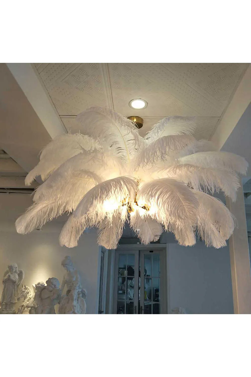 Brass Ostrich Feather Chandeliers