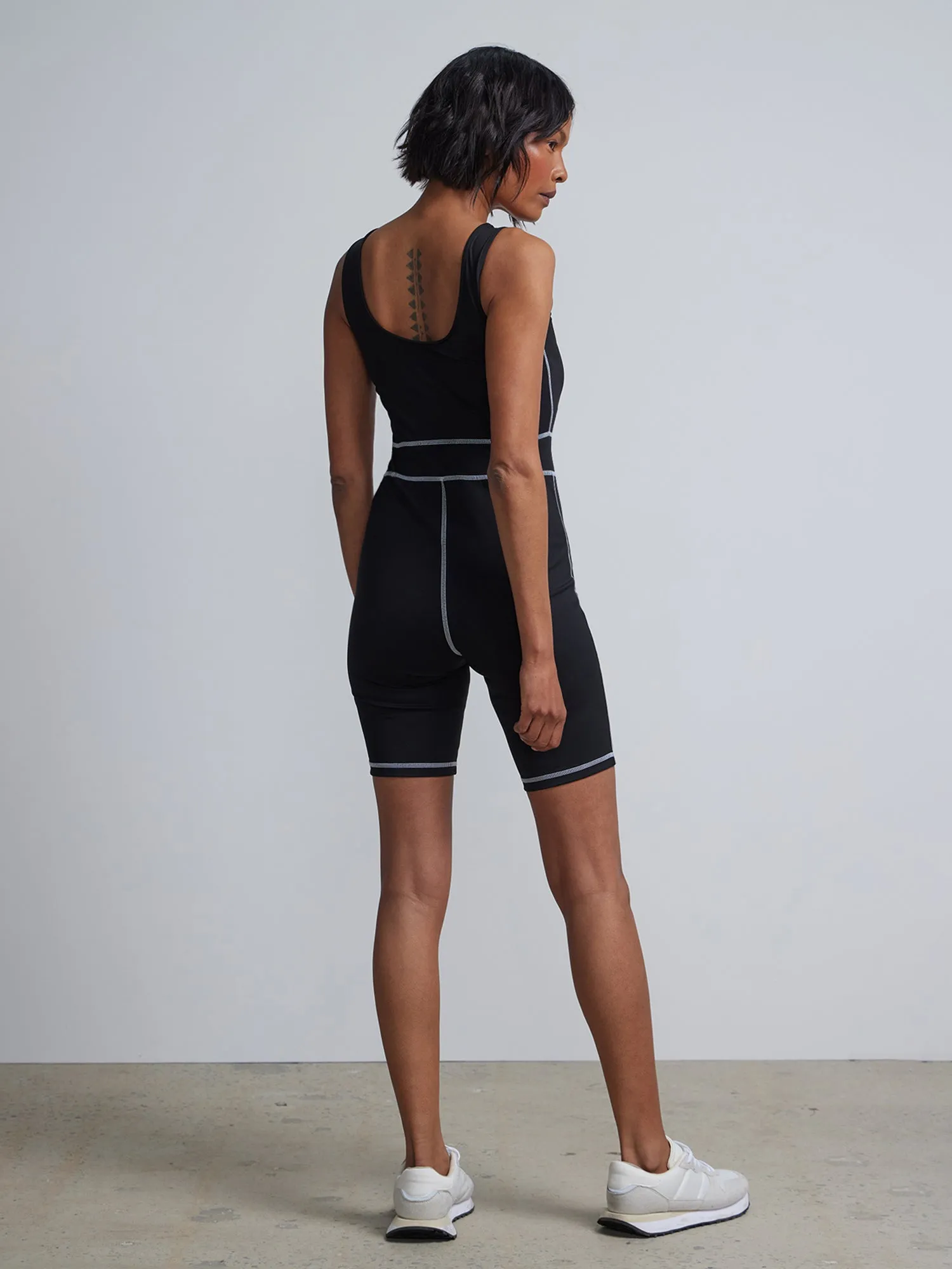 Contrast-Seam Scoopneck Romper