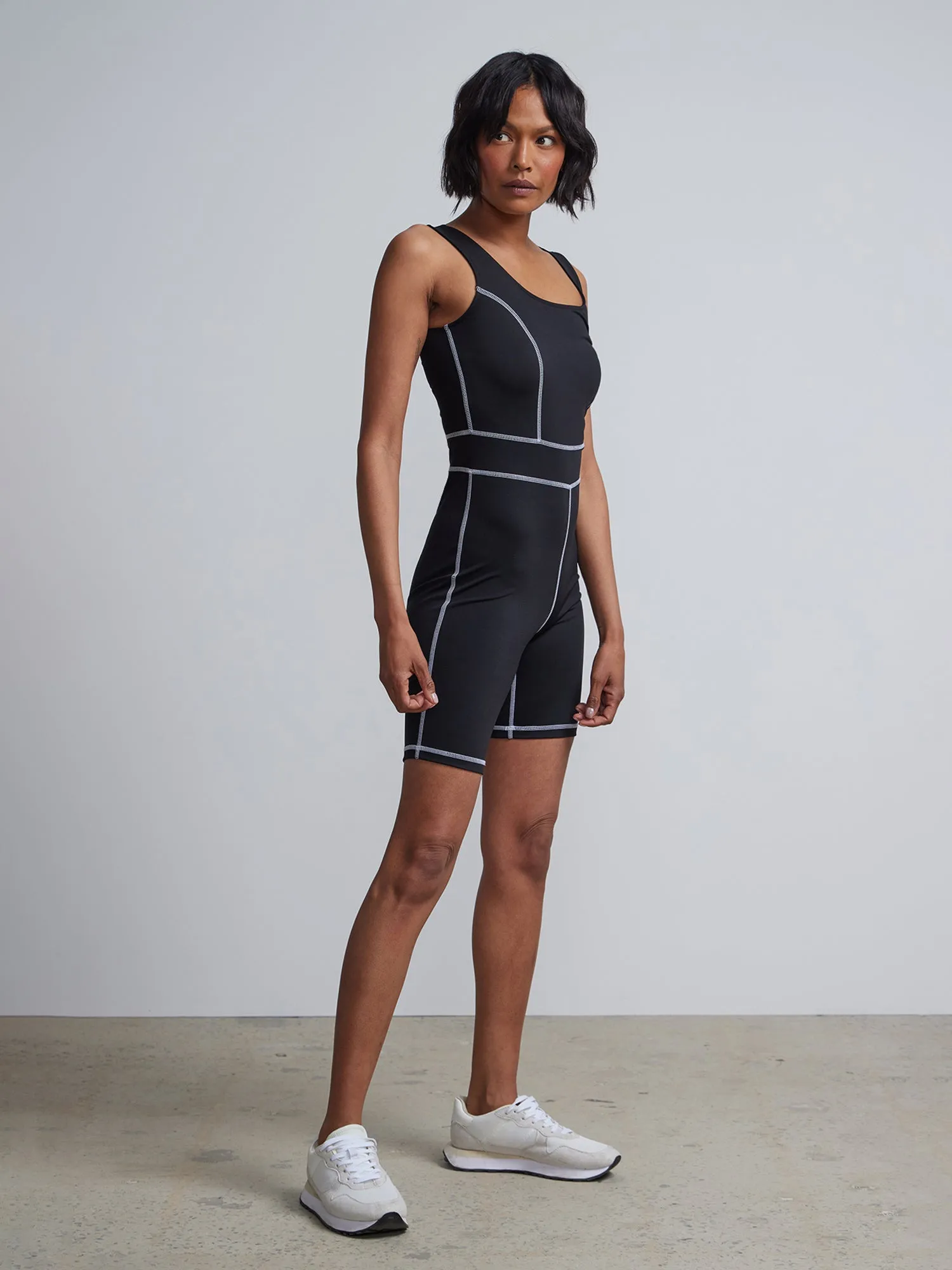 Contrast-Seam Scoopneck Romper