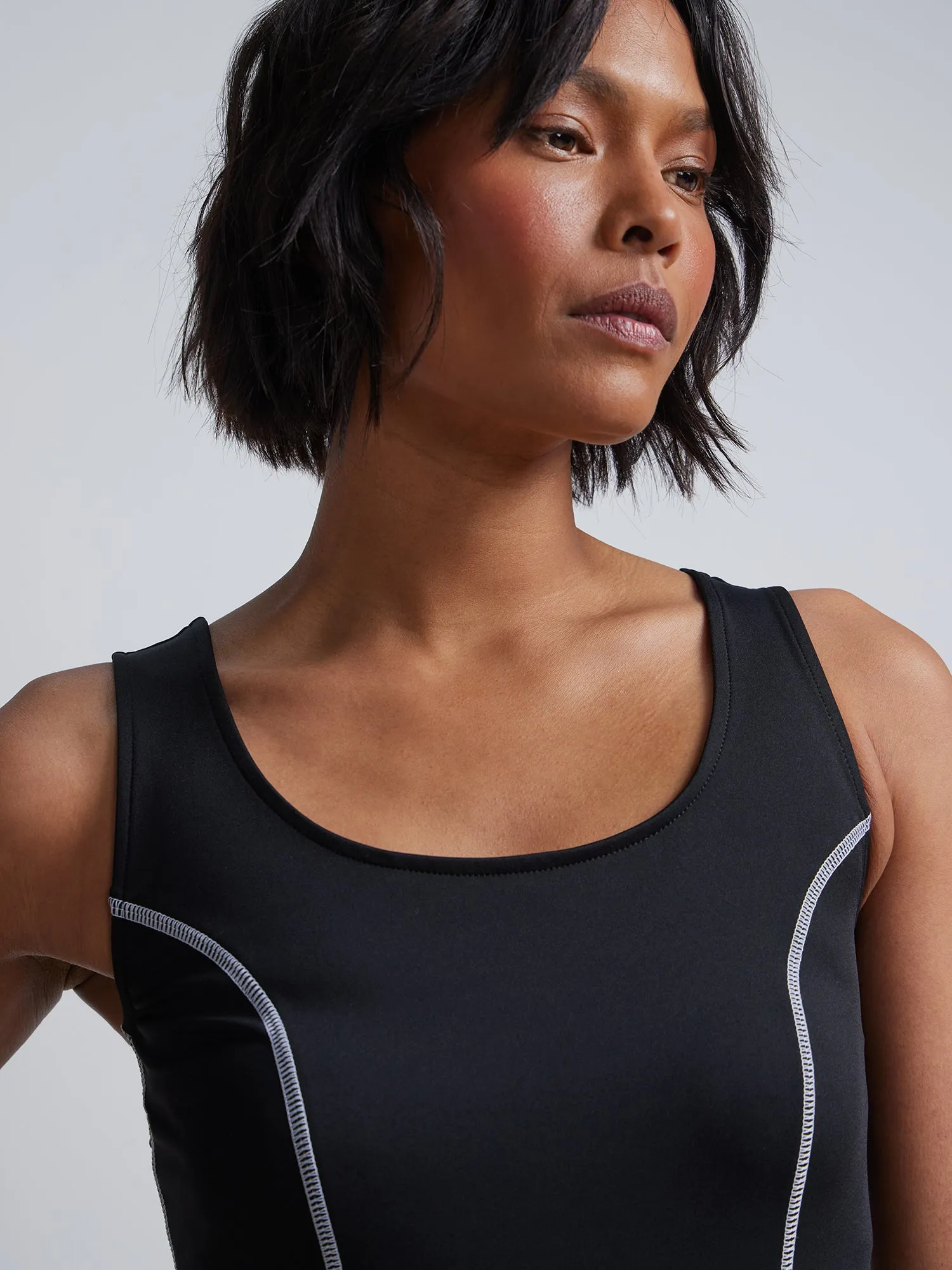 Contrast-Seam Scoopneck Romper