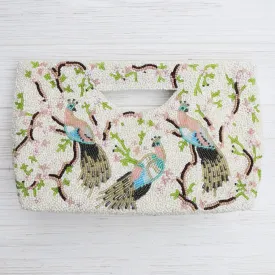 Cut Out Handle Clutch in Ivory with Peacocks