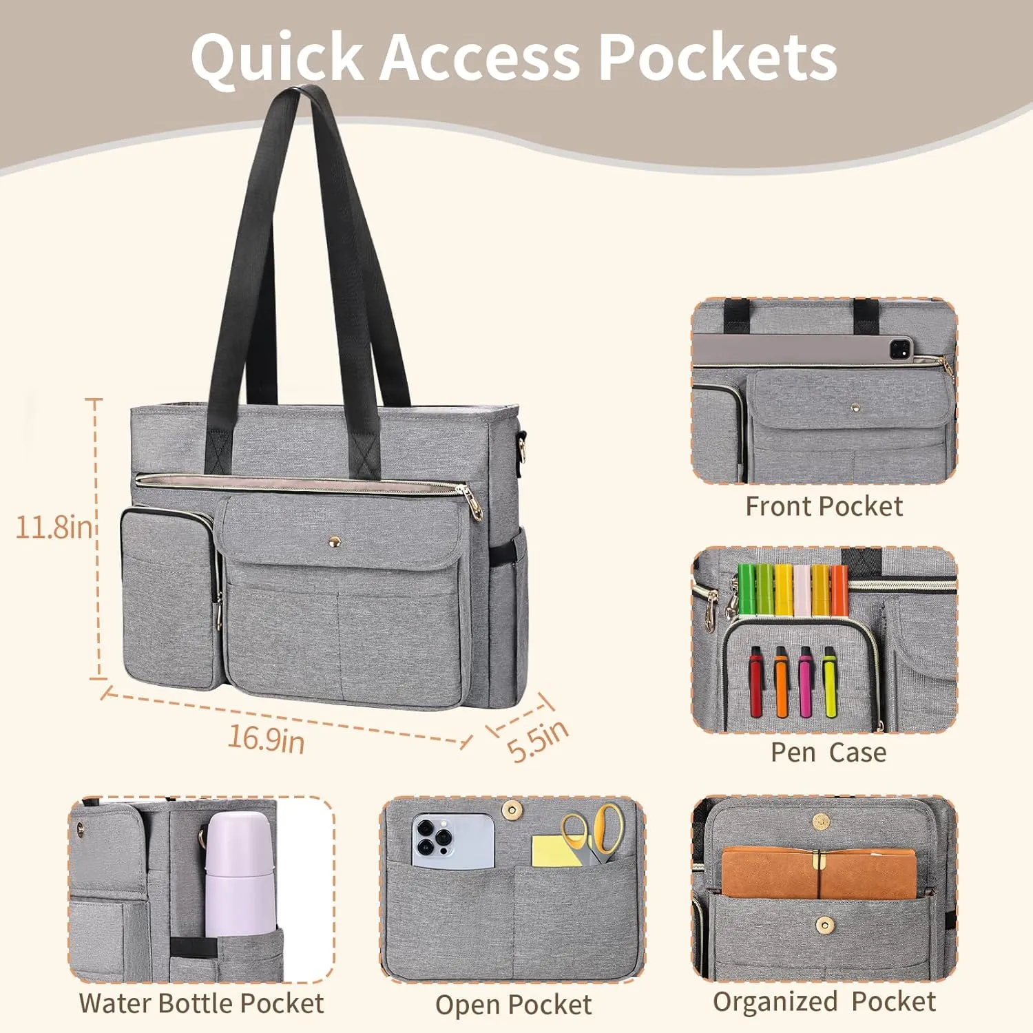 ESTARER Women Laptop Tote Bag 2Pcs, 15.6'' Teacher Work Bag Computer bag w/Expandable File Folder, Large Water-Resistant Messenger Shoulder bag w/Insulated Pocket for Office/Travel/College, Grey