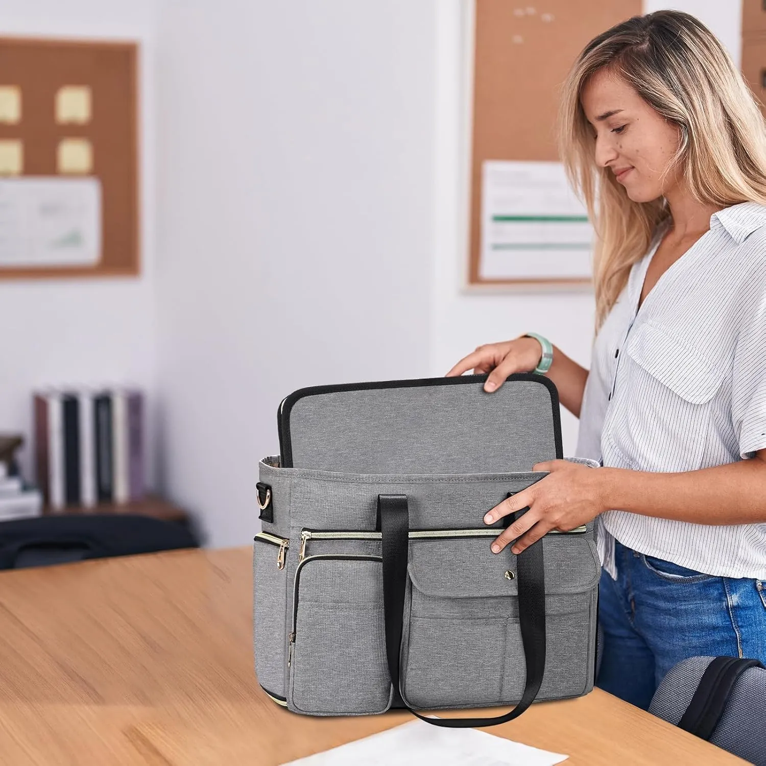 ESTARER Women Laptop Tote Bag 2Pcs, 15.6'' Teacher Work Bag Computer bag w/Expandable File Folder, Large Water-Resistant Messenger Shoulder bag w/Insulated Pocket for Office/Travel/College, Grey