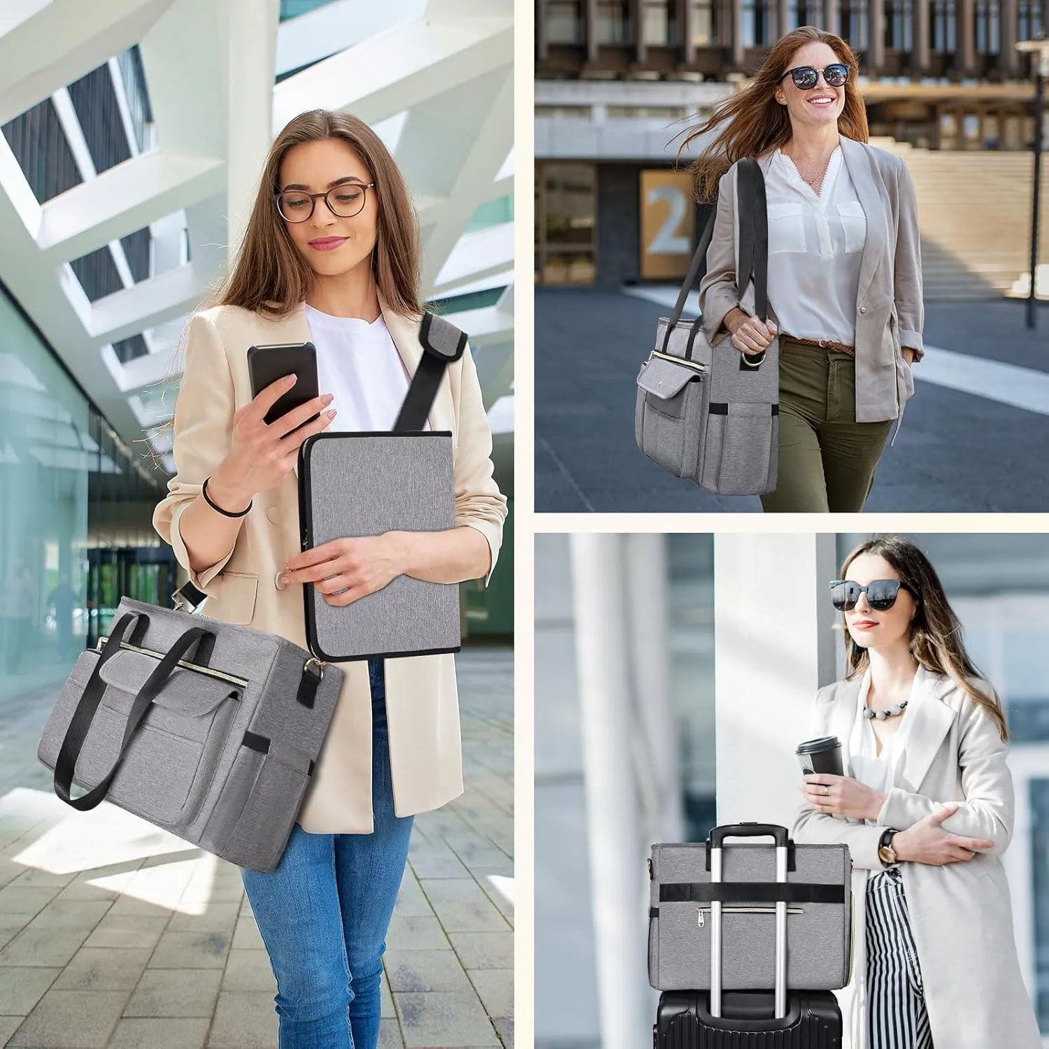 ESTARER Women Laptop Tote Bag 2Pcs, 15.6'' Teacher Work Bag Computer bag w/Expandable File Folder, Large Water-Resistant Messenger Shoulder bag w/Insulated Pocket for Office/Travel/College, Grey