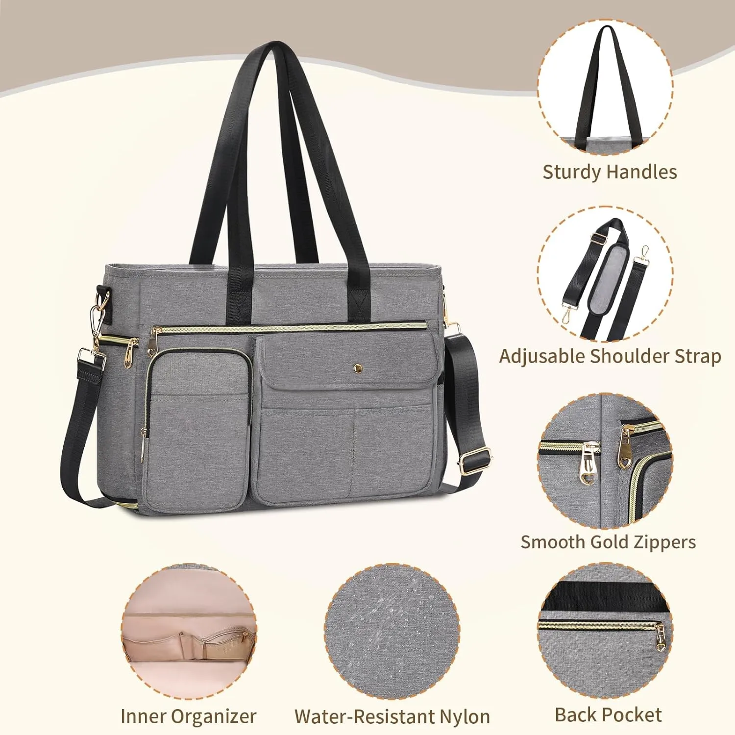 ESTARER Women Laptop Tote Bag 2Pcs, 15.6'' Teacher Work Bag Computer bag w/Expandable File Folder, Large Water-Resistant Messenger Shoulder bag w/Insulated Pocket for Office/Travel/College, Grey