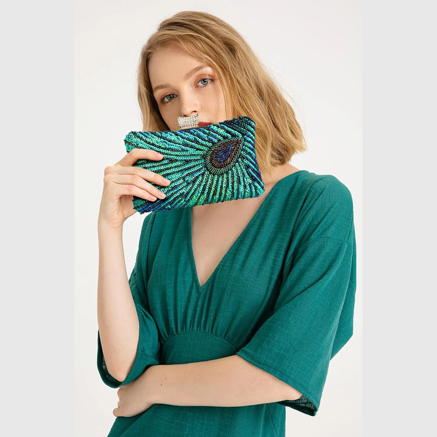 Evening Bag Clutch Purses for Women Beaded Sequin Peacock Party Handbag Wedding Purse
