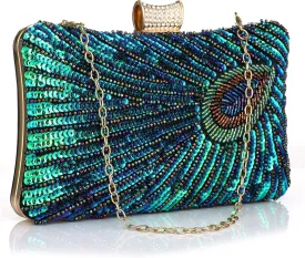 Evening Bag Clutch Purses for Women Beaded Sequin Peacock Party Handbag Wedding Purse