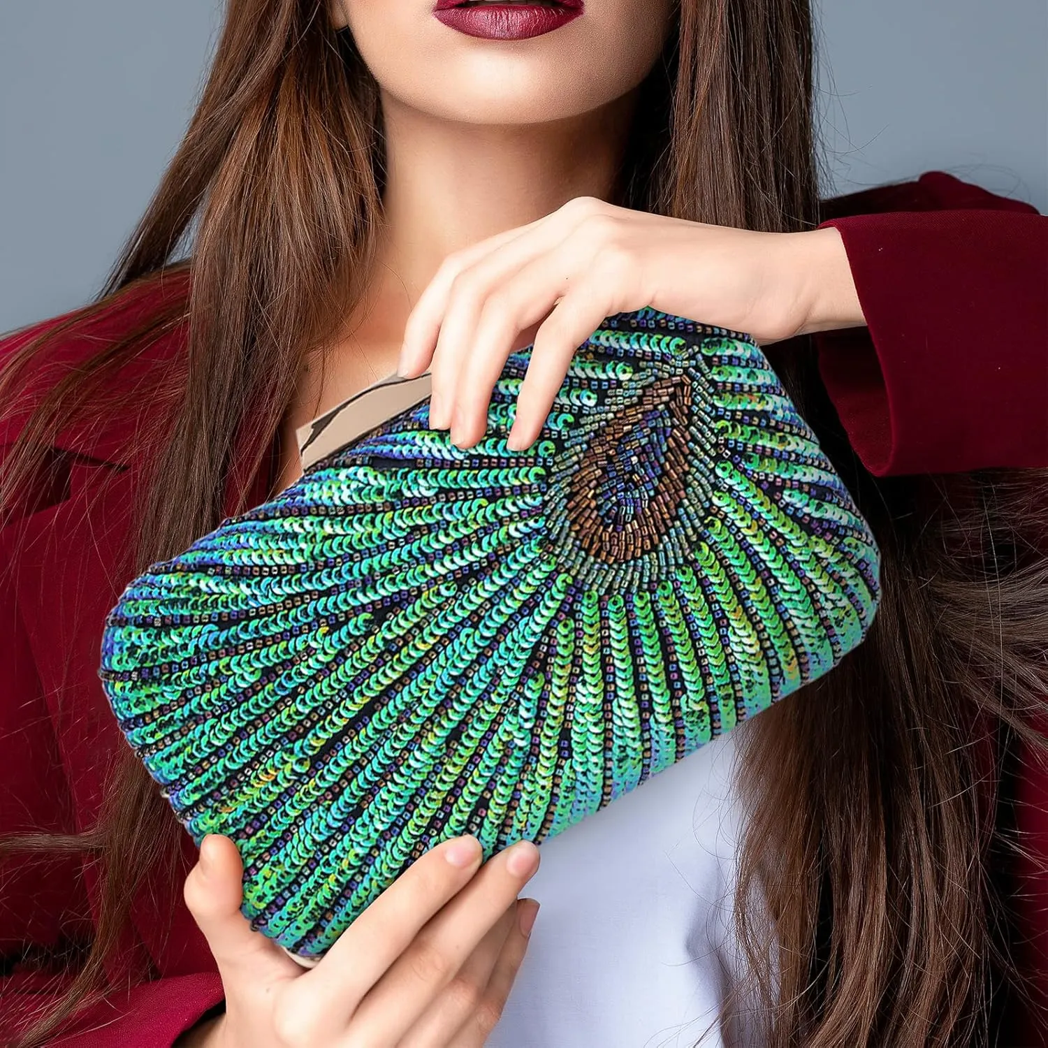 Evening Bag Clutch Purses for Women Beaded Sequin Peacock Party Handbag Wedding Purse