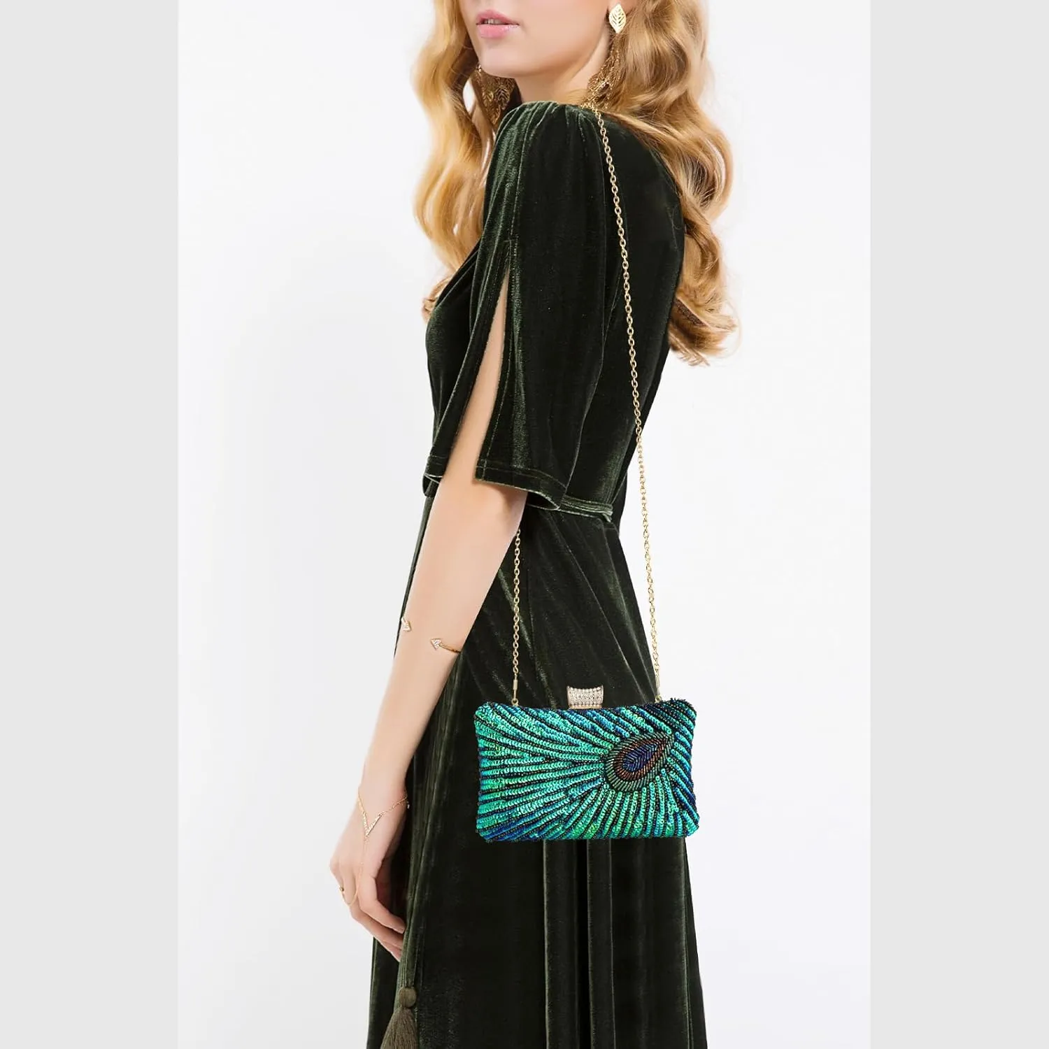 Evening Bag Clutch Purses for Women Beaded Sequin Peacock Party Handbag Wedding Purse