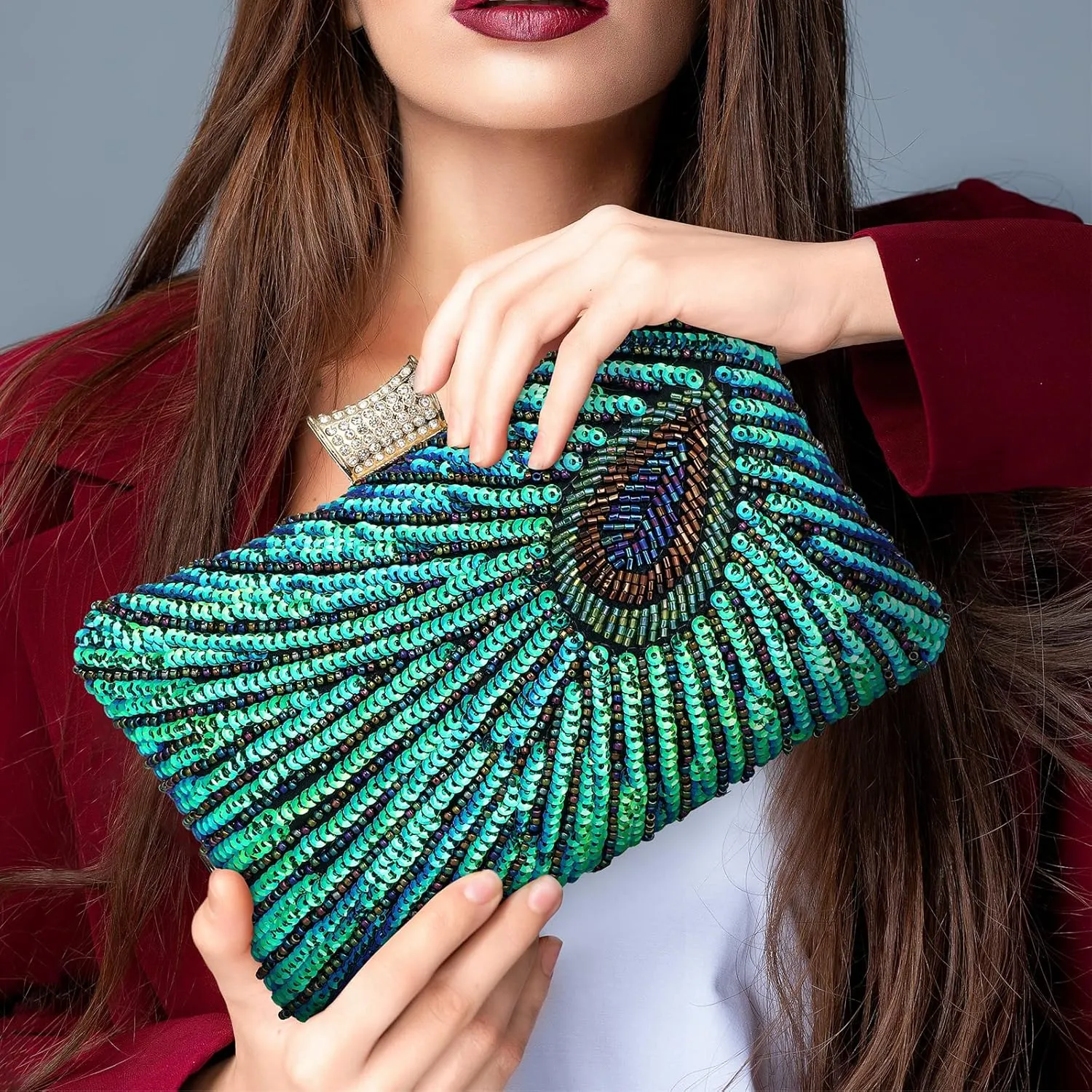 Evening Bag Clutch Purses for Women Beaded Sequin Peacock Party Handbag Wedding Purse