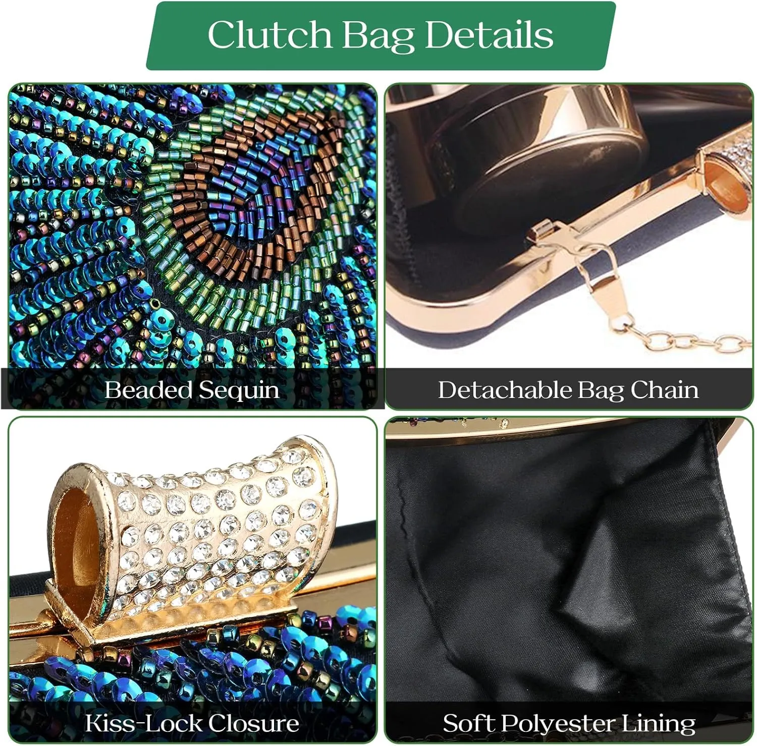 Evening Bag Clutch Purses for Women Beaded Sequin Peacock Party Handbag Wedding Purse