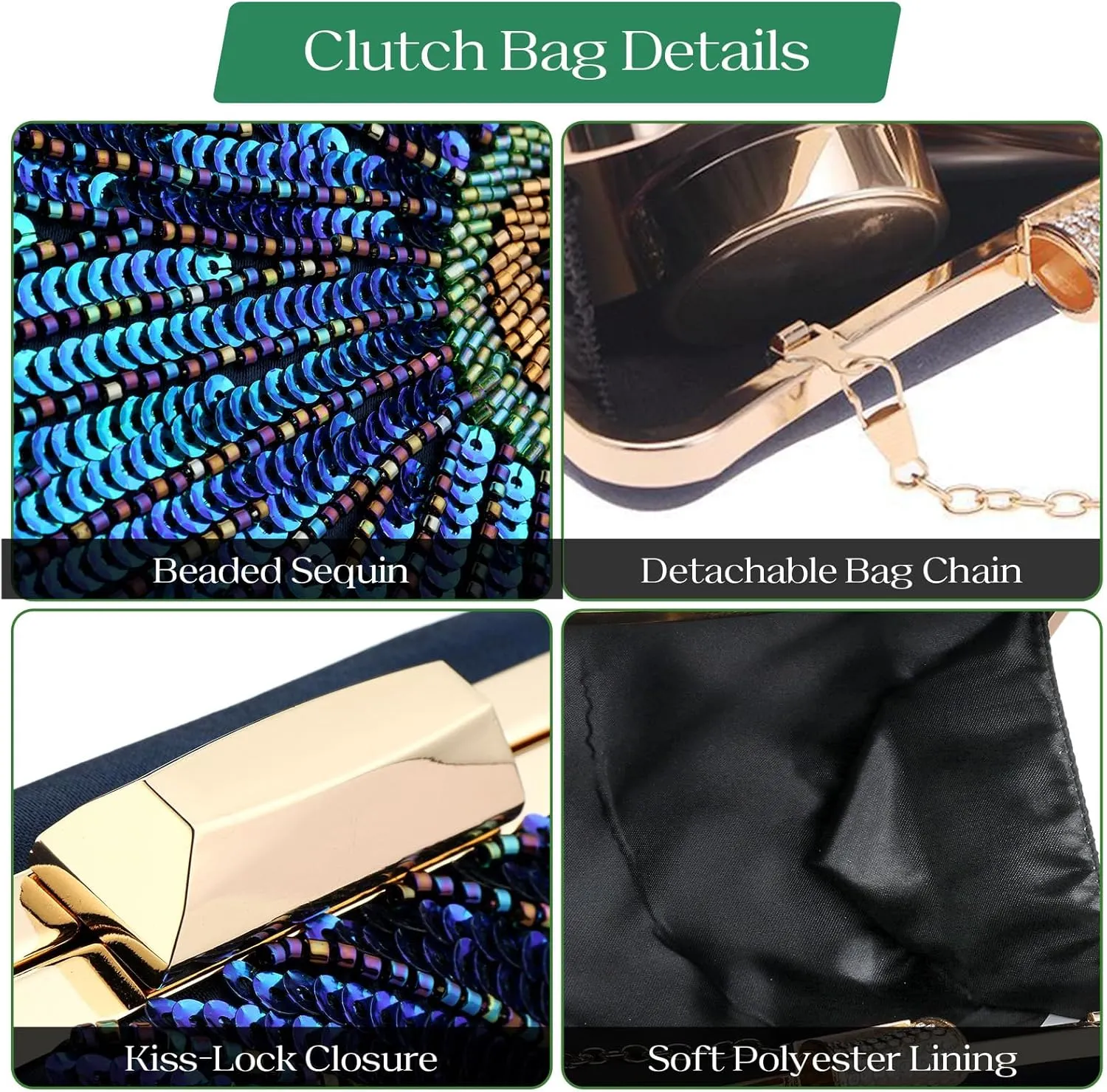 Evening Bag Clutch Purses for Women Beaded Sequin Peacock Party Handbag Wedding Purse