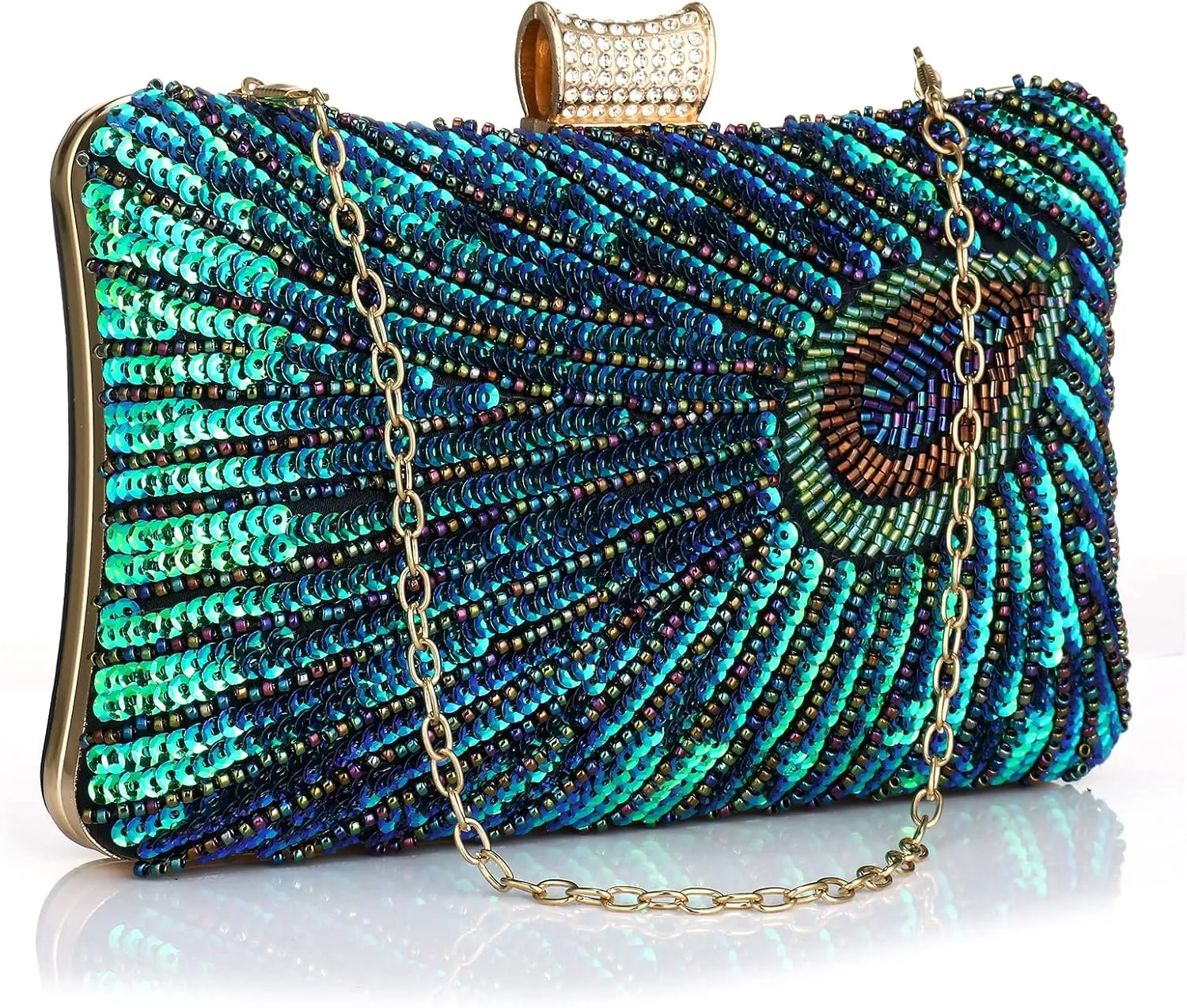 Evening Bag Clutch Purses for Women Beaded Sequin Peacock Party Handbag Wedding Purse