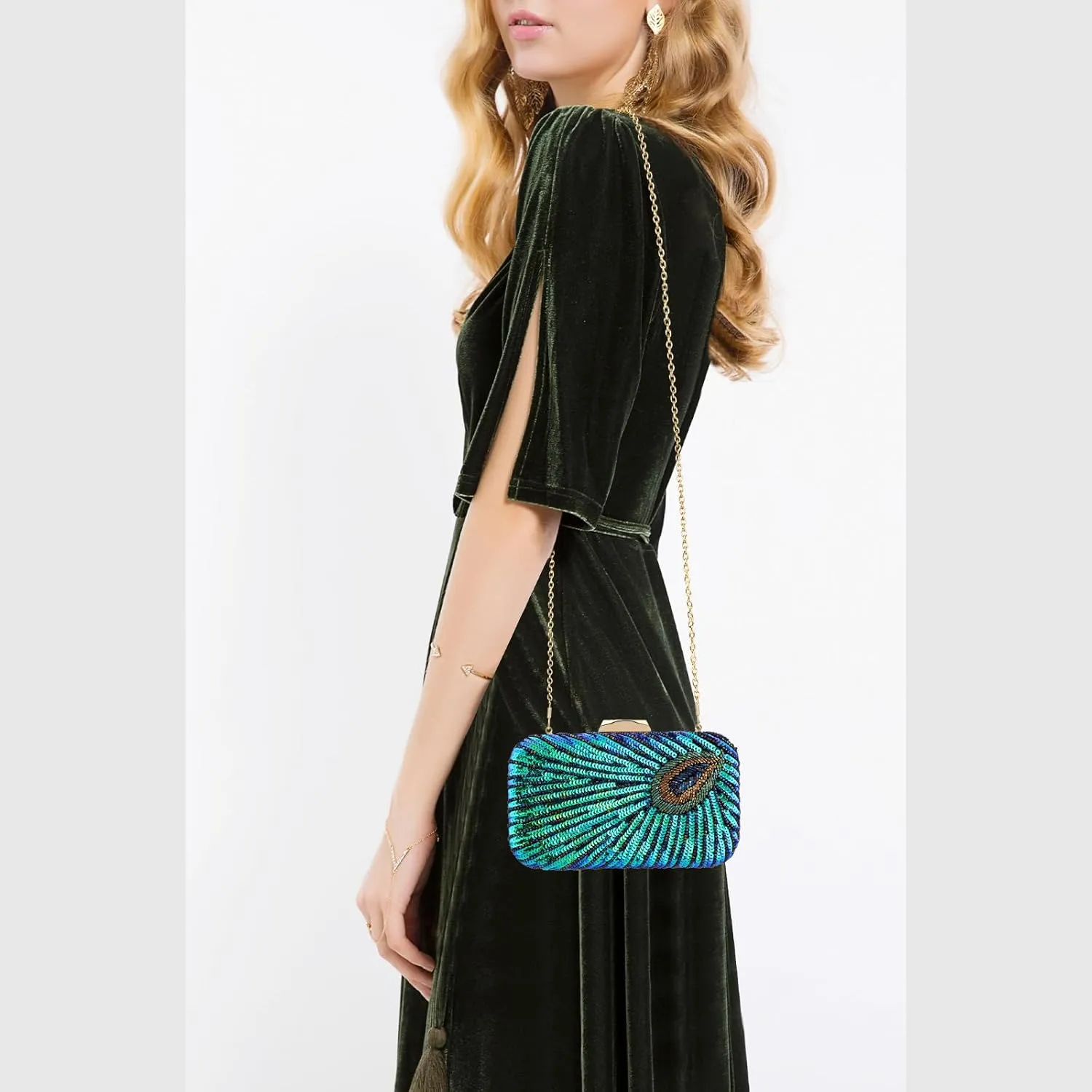 Evening Bag Clutch Purses for Women Beaded Sequin Peacock Party Handbag Wedding Purse