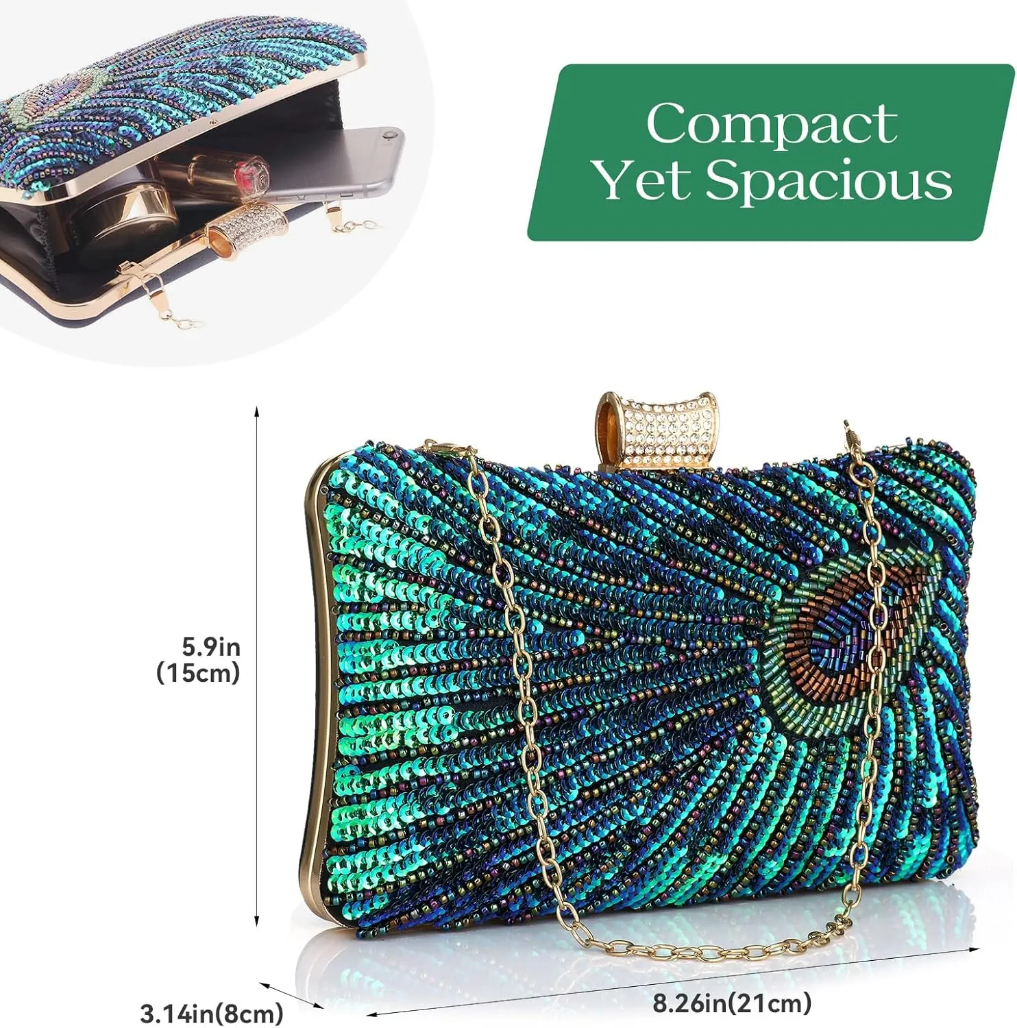 Evening Bag Clutch Purses for Women Beaded Sequin Peacock Party Handbag Wedding Purse