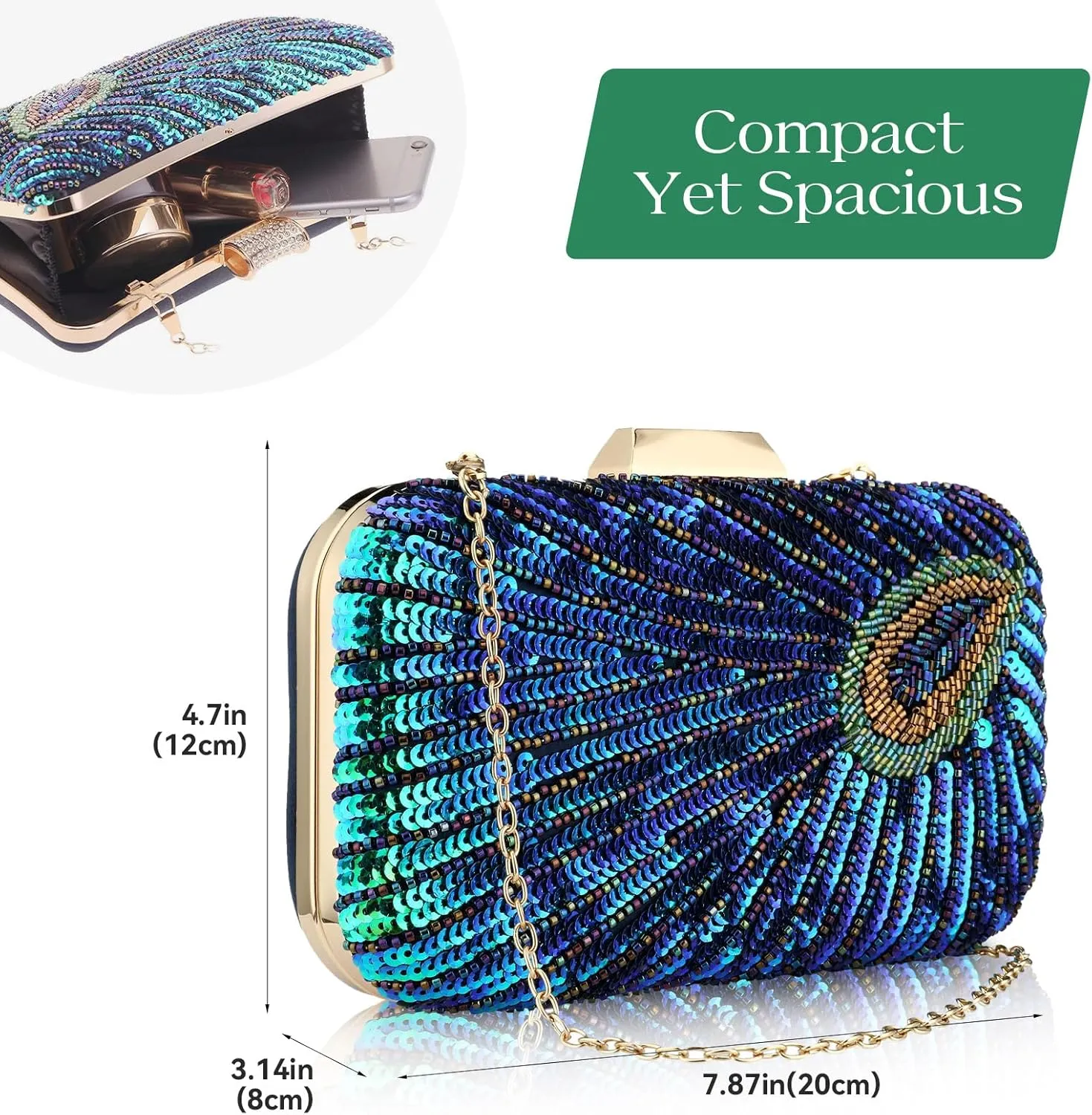 Evening Bag Clutch Purses for Women Beaded Sequin Peacock Party Handbag Wedding Purse