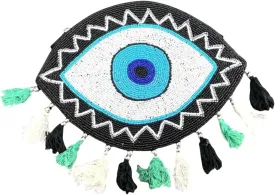 Evil Eye Beaded Clutch Bag  Black & Turquoise Boho Crossbody Purse with Decorative Tassels | Handmade Festival Sling Bag, Ethnic Embroidered Shoulder Bag for Women