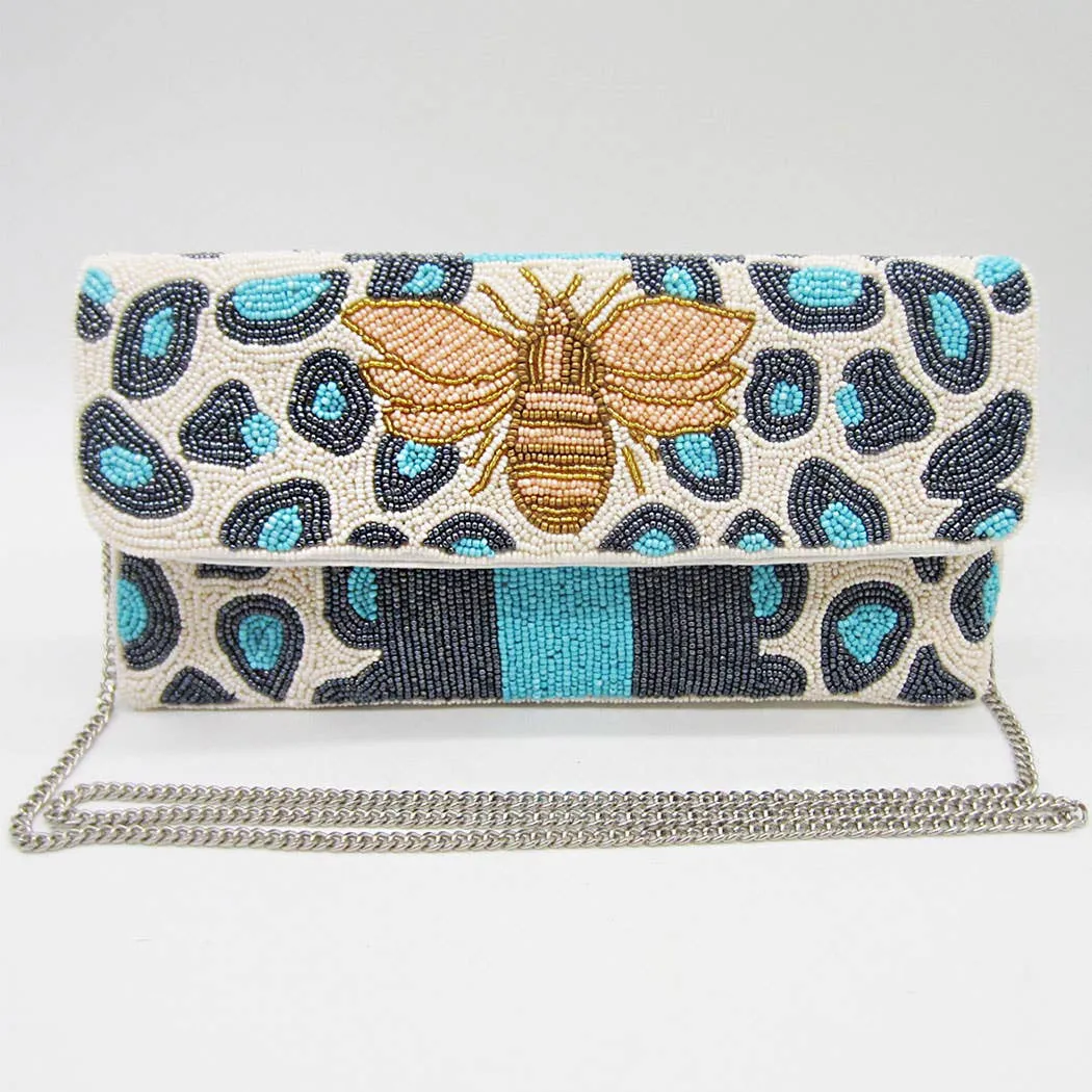 Fashion City - Leopard Bee Seed Beaded Clutch with Chain