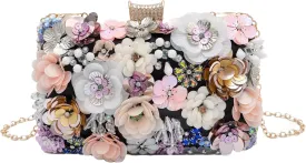 Floral Evening Bag for Women Beaded Clutch Purse with Sequins & Rhinestone Wedding Party Handbag with Chains