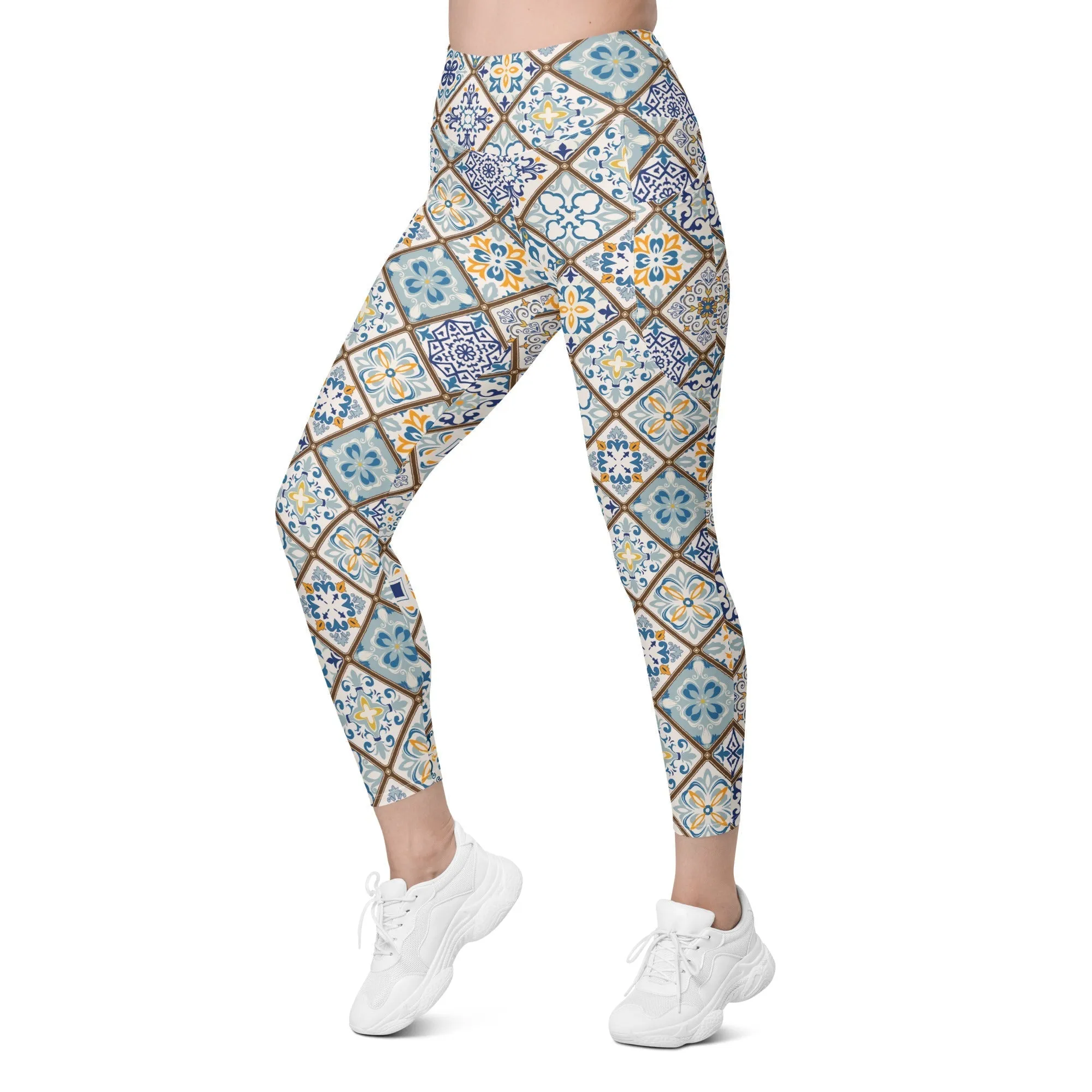 Floral Tile Print Leggings With Pockets