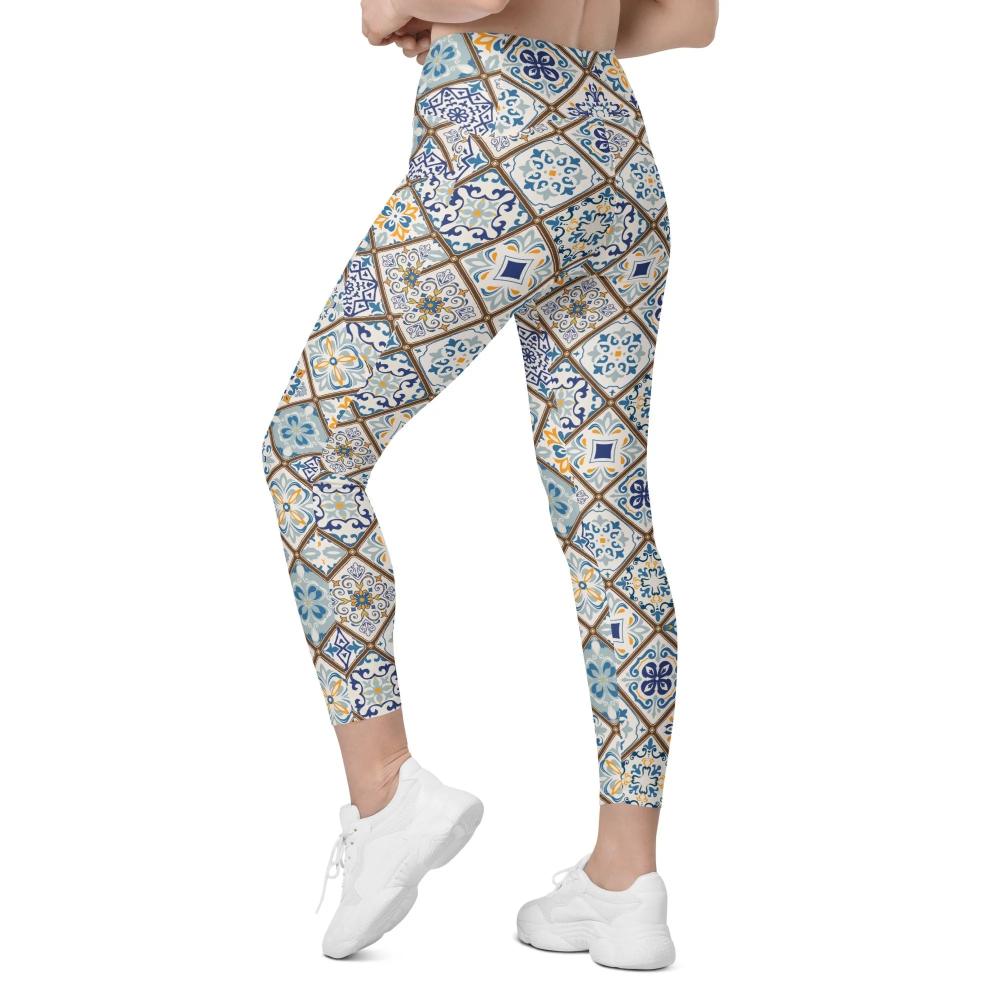 Floral Tile Print Leggings With Pockets