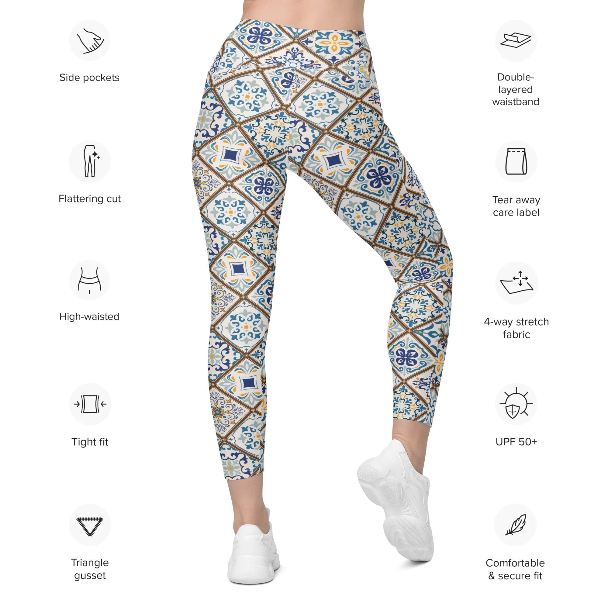 Floral Tile Print Leggings With Pockets
