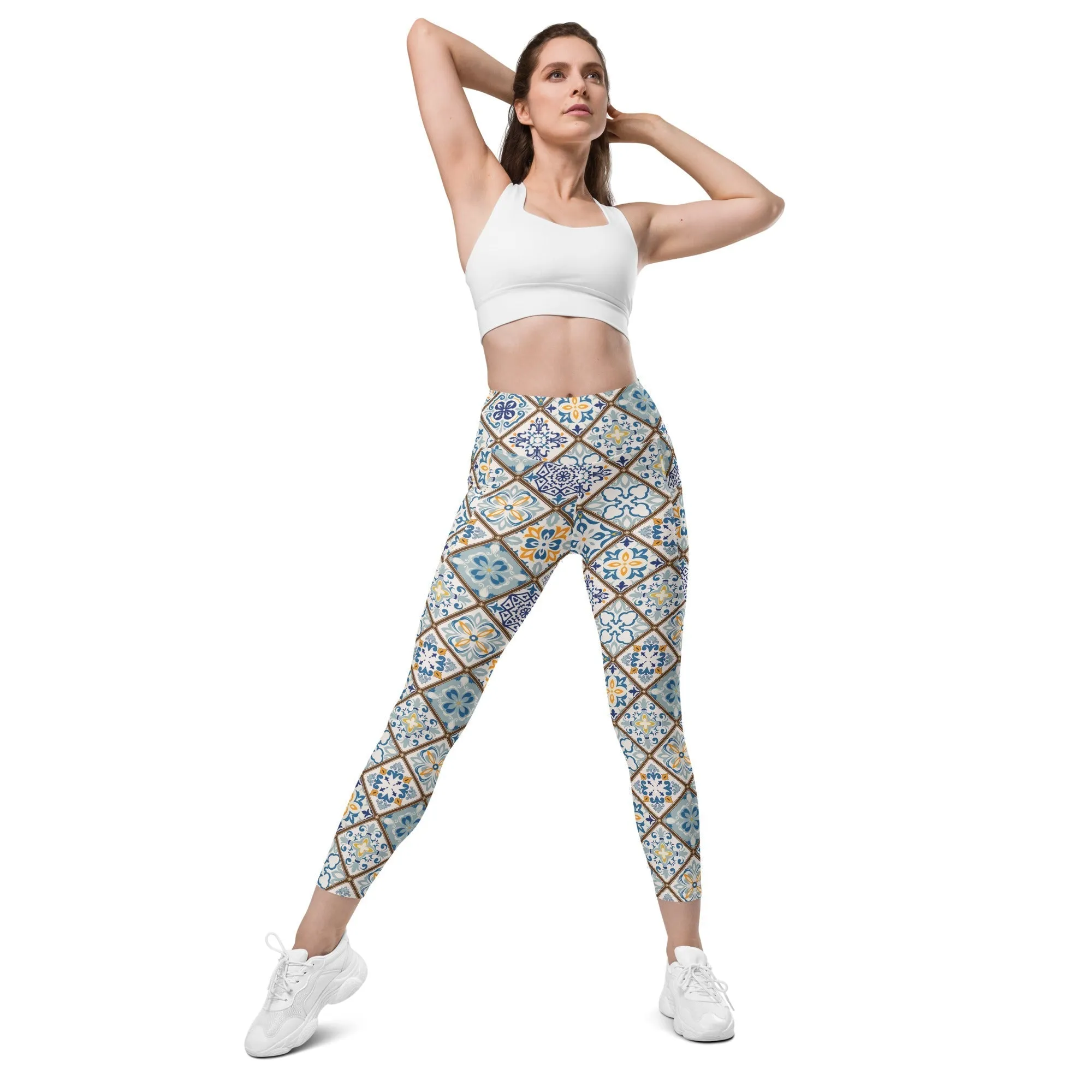 Floral Tile Print Leggings With Pockets