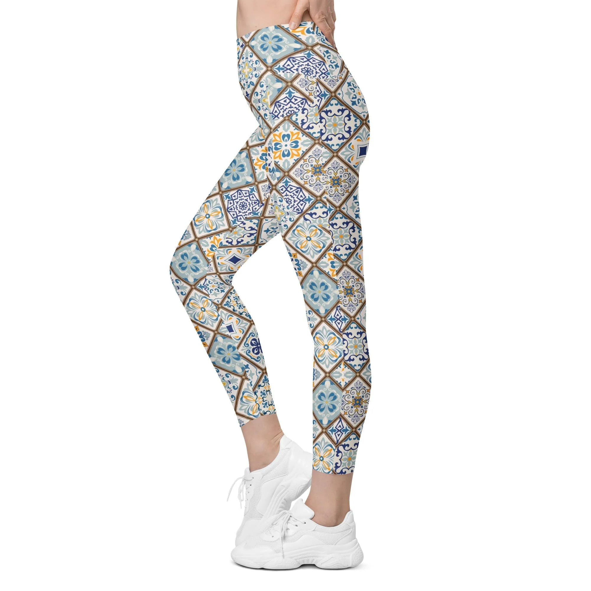 Floral Tile Print Leggings With Pockets