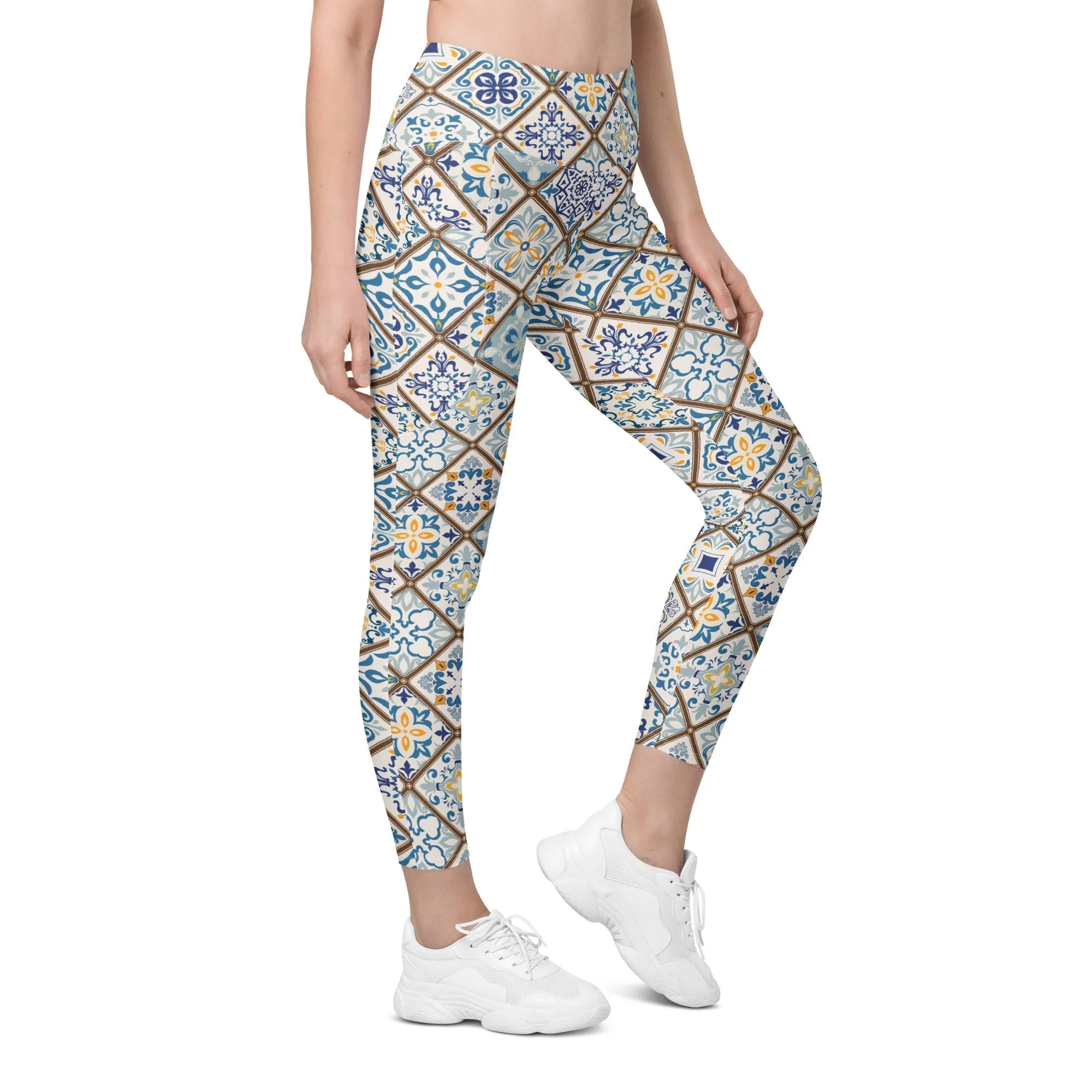 Floral Tile Print Leggings With Pockets