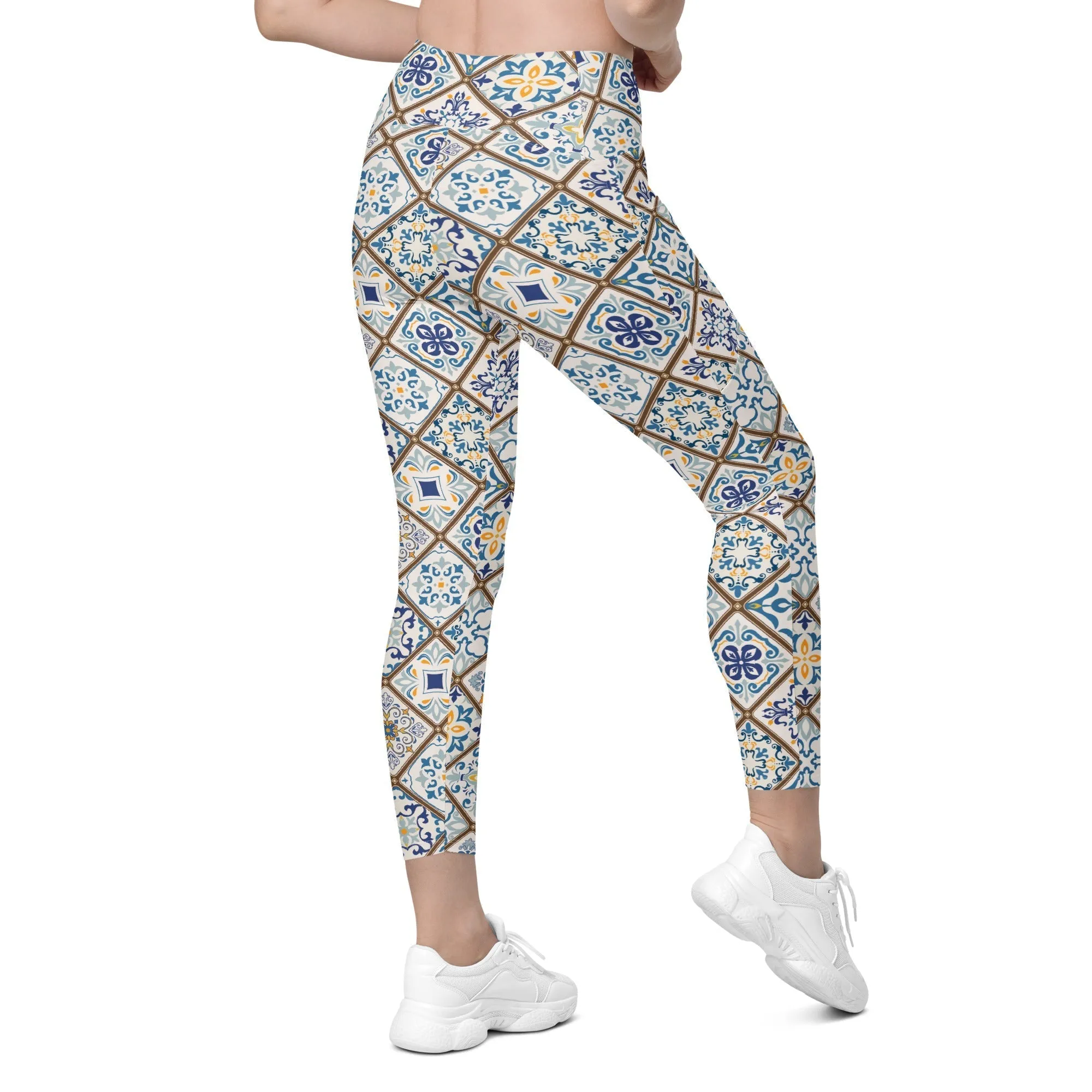 Floral Tile Print Leggings With Pockets