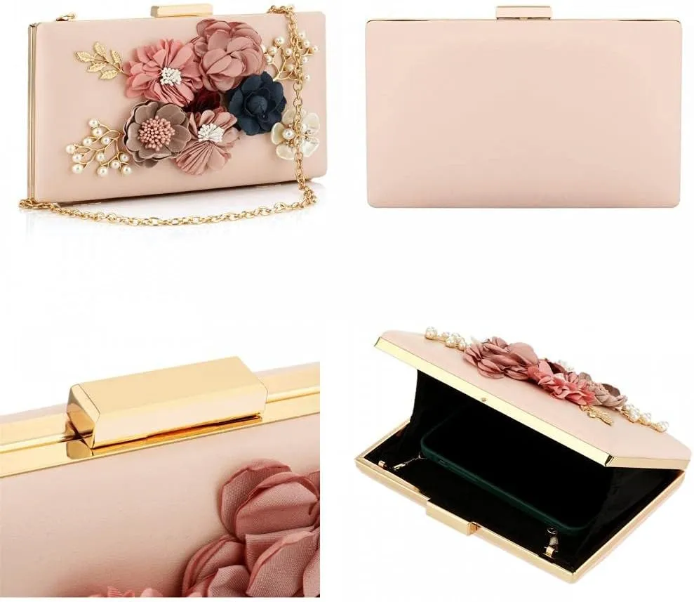 Gets PU Leather Purses and Handbags for Women Floral Beaded Clutch Purse for Wedding Clear Crossbody Bag