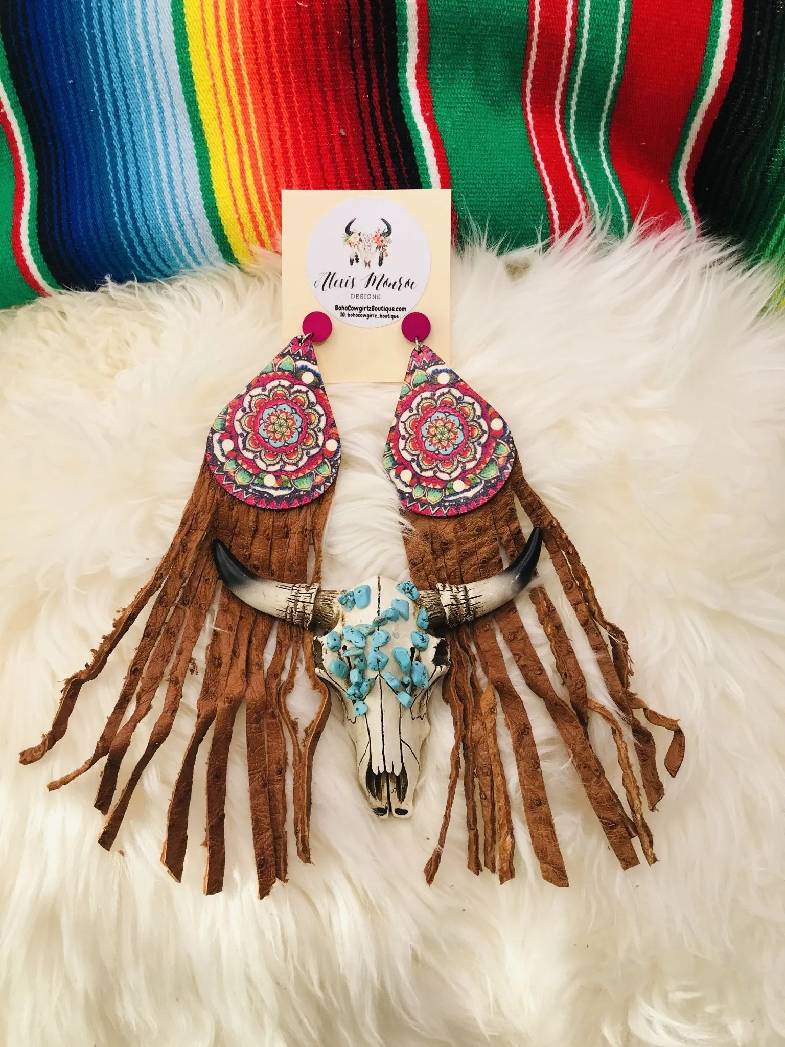 Heritage Pride Hand Painted Wood Long Leather Fringe Earring, Boho Earring, Leather Earring