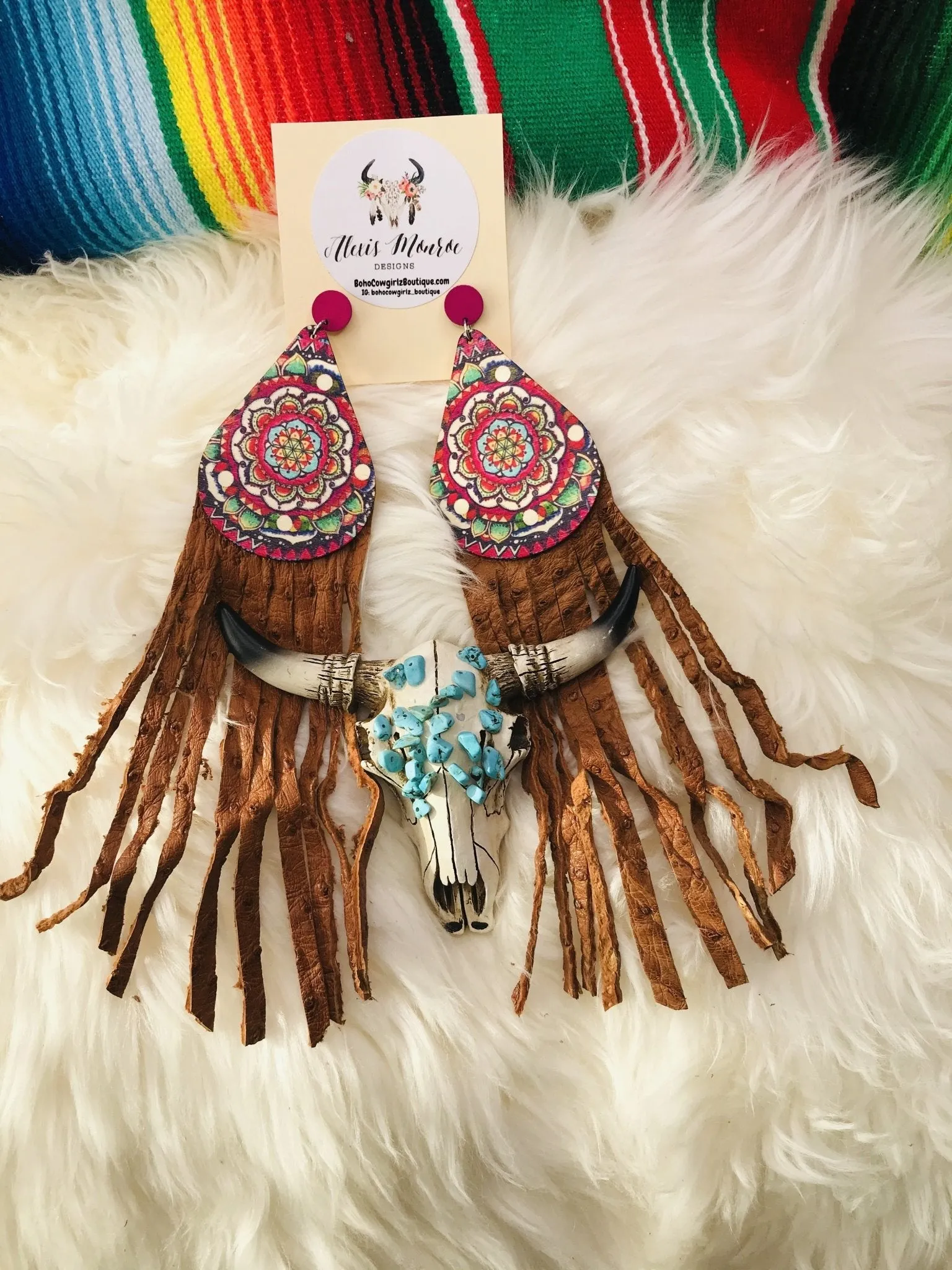 Heritage Pride Hand Painted Wood Long Leather Fringe Earring, Boho Earring, Leather Earring