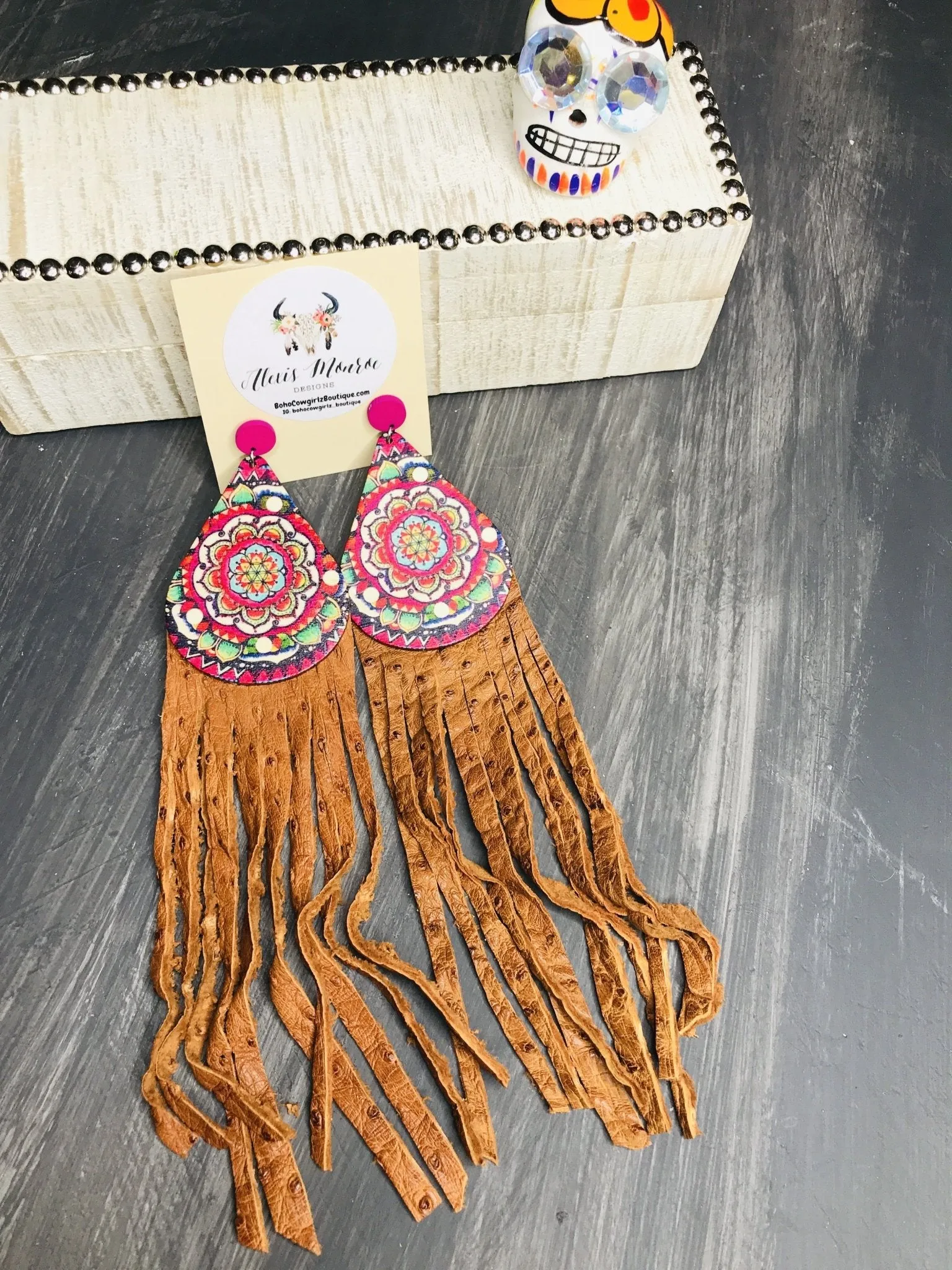 Heritage Pride Hand Painted Wood Long Leather Fringe Earring, Boho Earring, Leather Earring