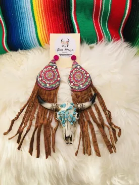 Heritage Pride Hand Painted Wood Long Leather Fringe Earring, Boho Earring, Leather Earring