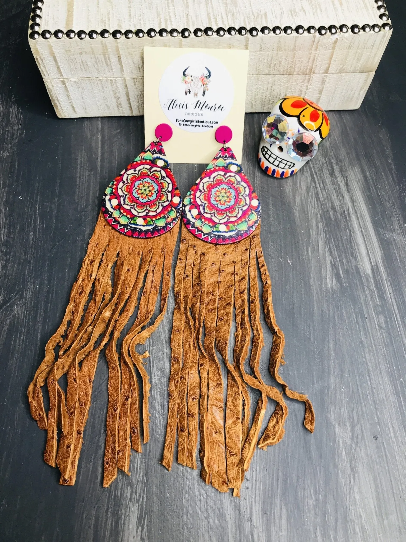 Heritage Pride Hand Painted Wood Long Leather Fringe Earring, Boho Earring, Leather Earring