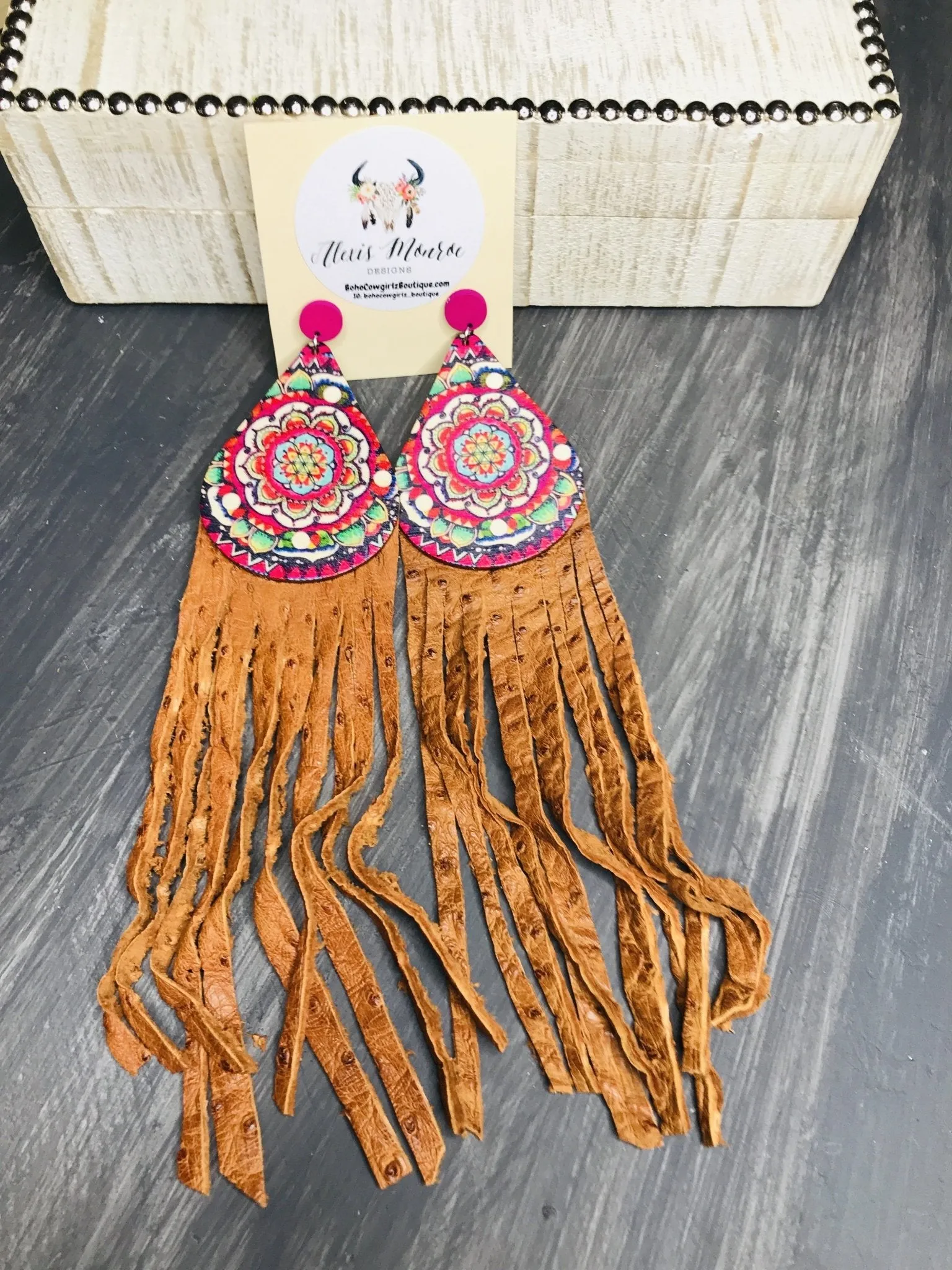 Heritage Pride Hand Painted Wood Long Leather Fringe Earring, Boho Earring, Leather Earring