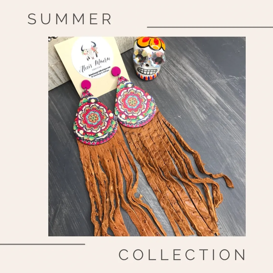 Heritage Pride Hand Painted Wood Long Leather Fringe Earring, Boho Earring, Leather Earring