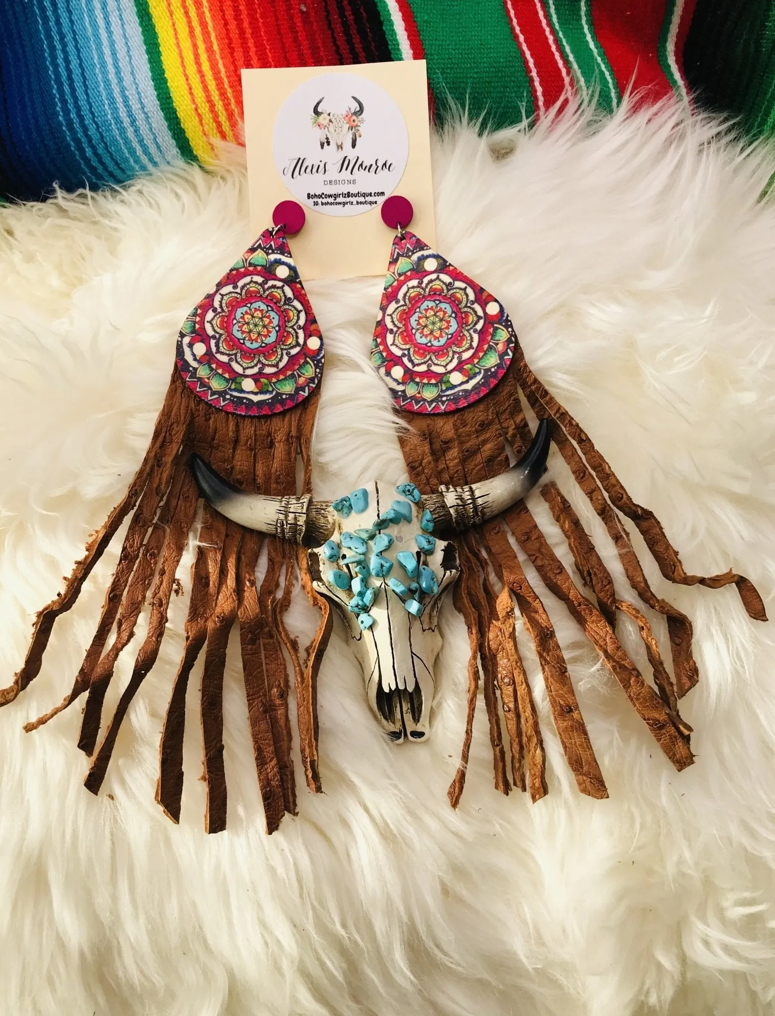 Heritage Pride Hand Painted Wood Long Leather Fringe Earring, Boho Earring, Leather Earring