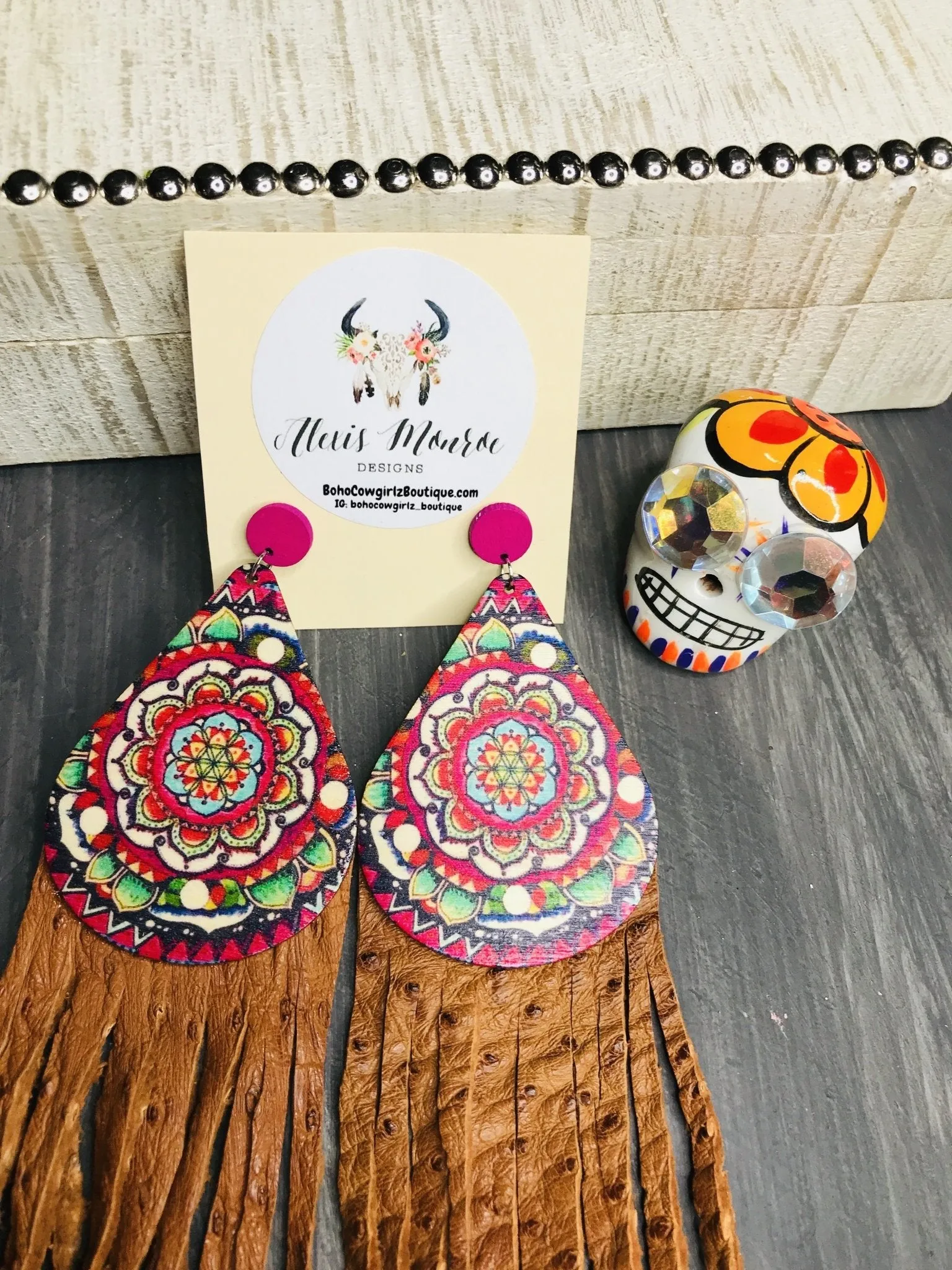Heritage Pride Hand Painted Wood Long Leather Fringe Earring, Boho Earring, Leather Earring