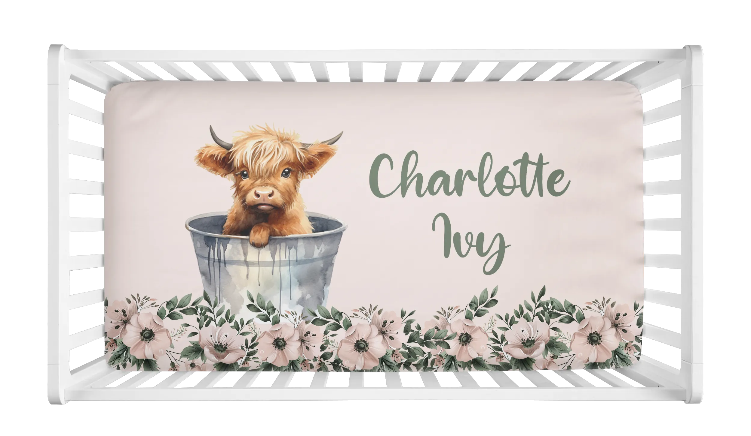 HIGHLAND COW IN PINK FLORAL CRIB BEDDING