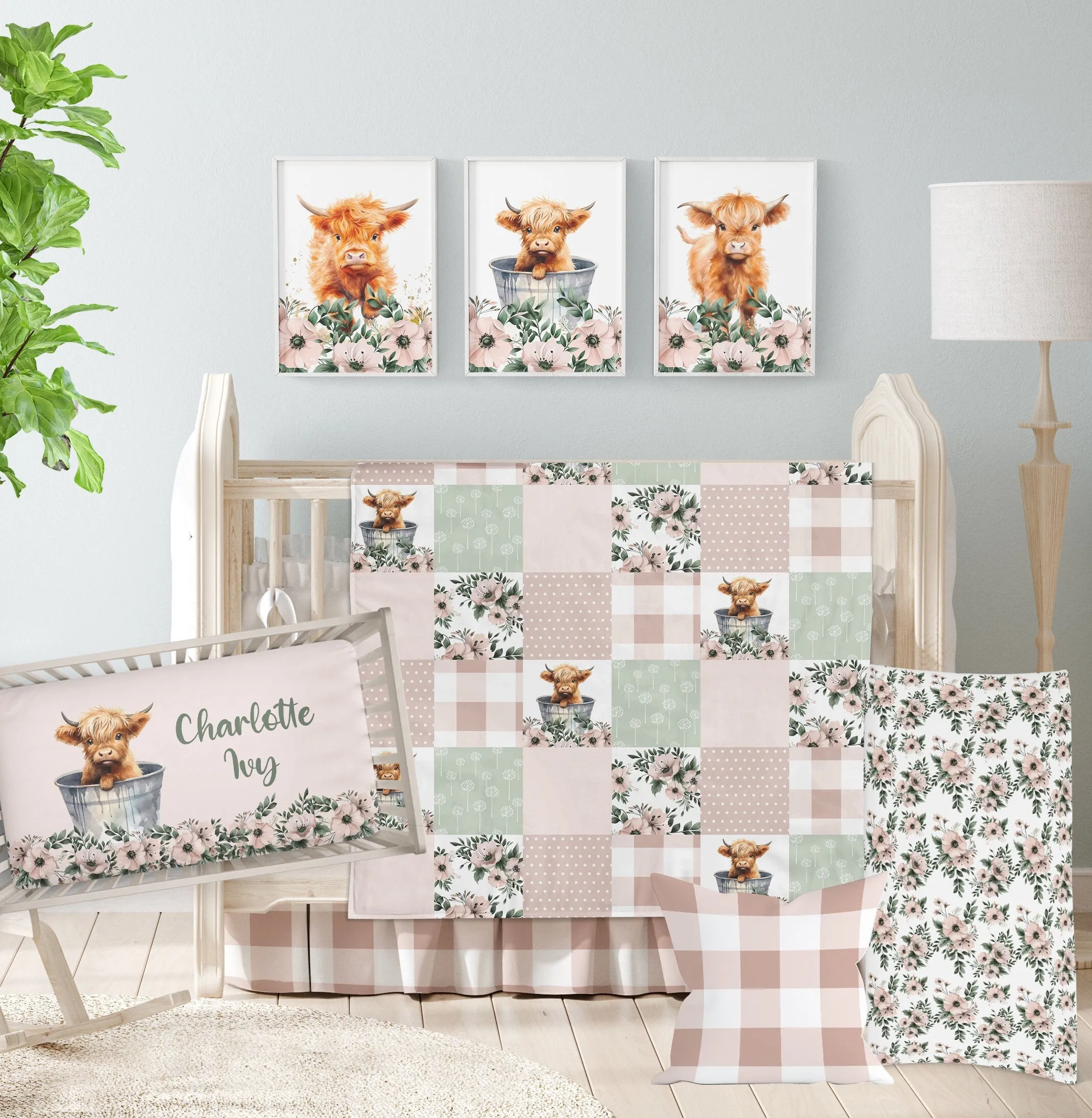 HIGHLAND COW IN PINK FLORAL CRIB BEDDING